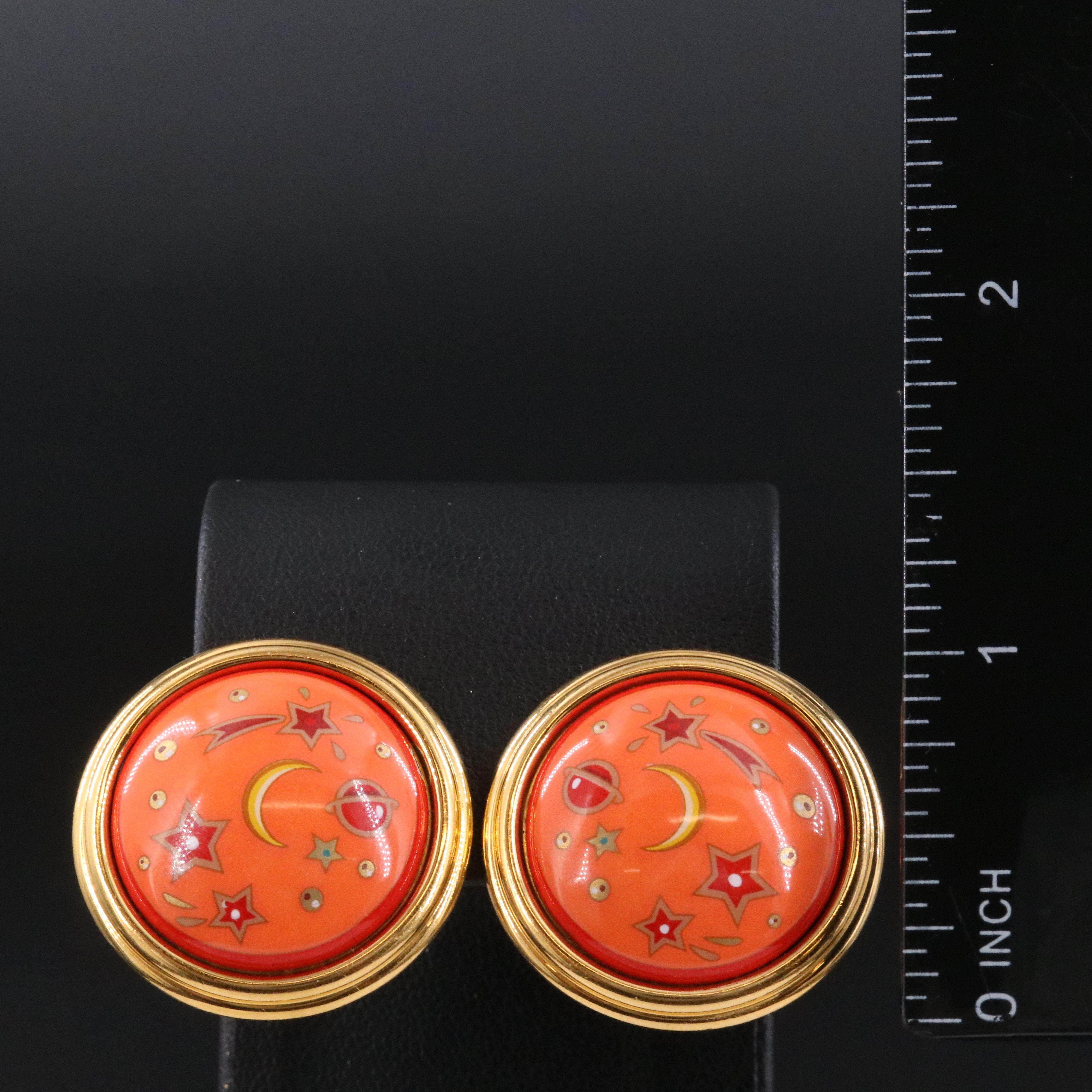 Hermès Celestial Orange Enamel Clip Earrings