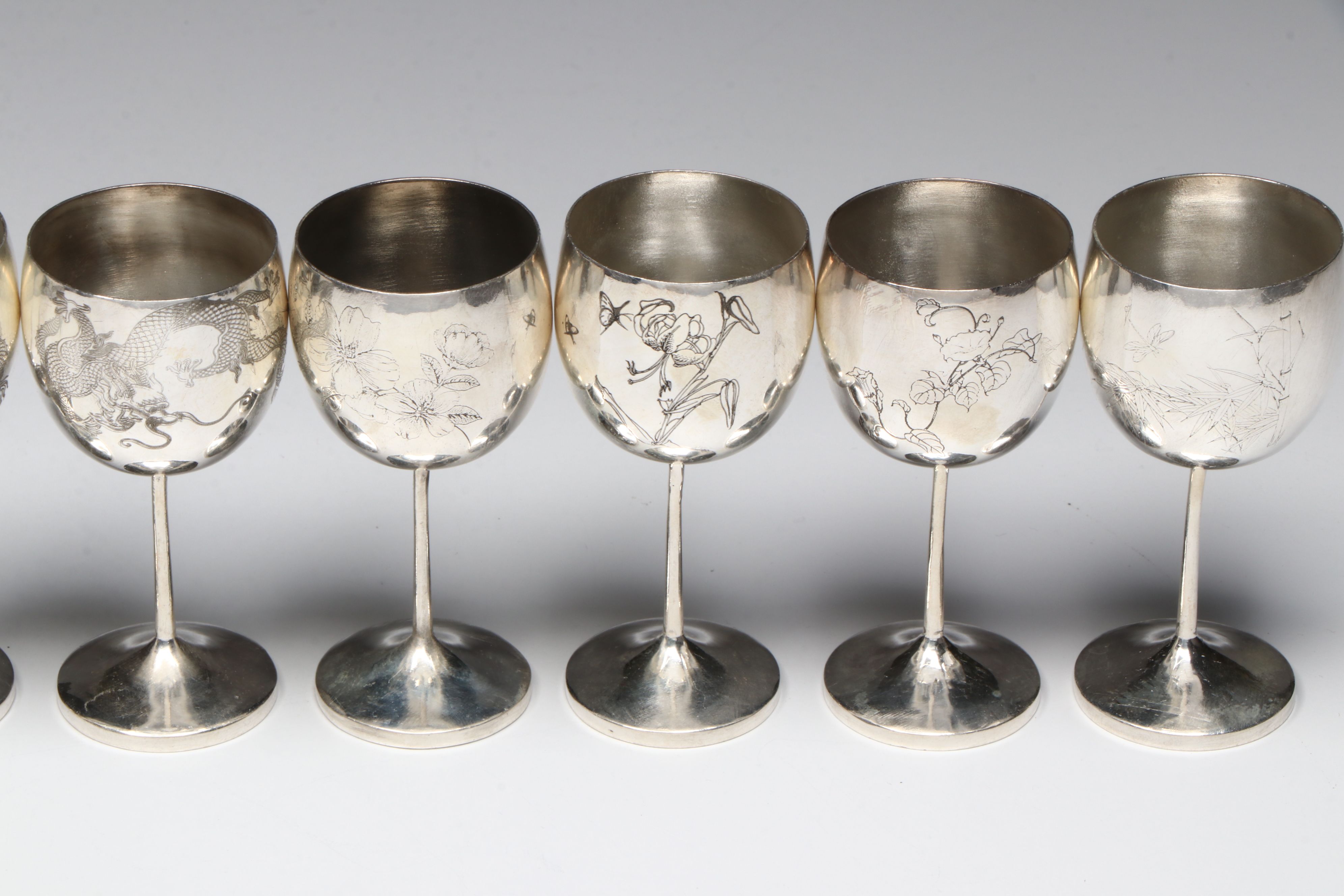 Chinese Sterling Engraved Cordial Cups