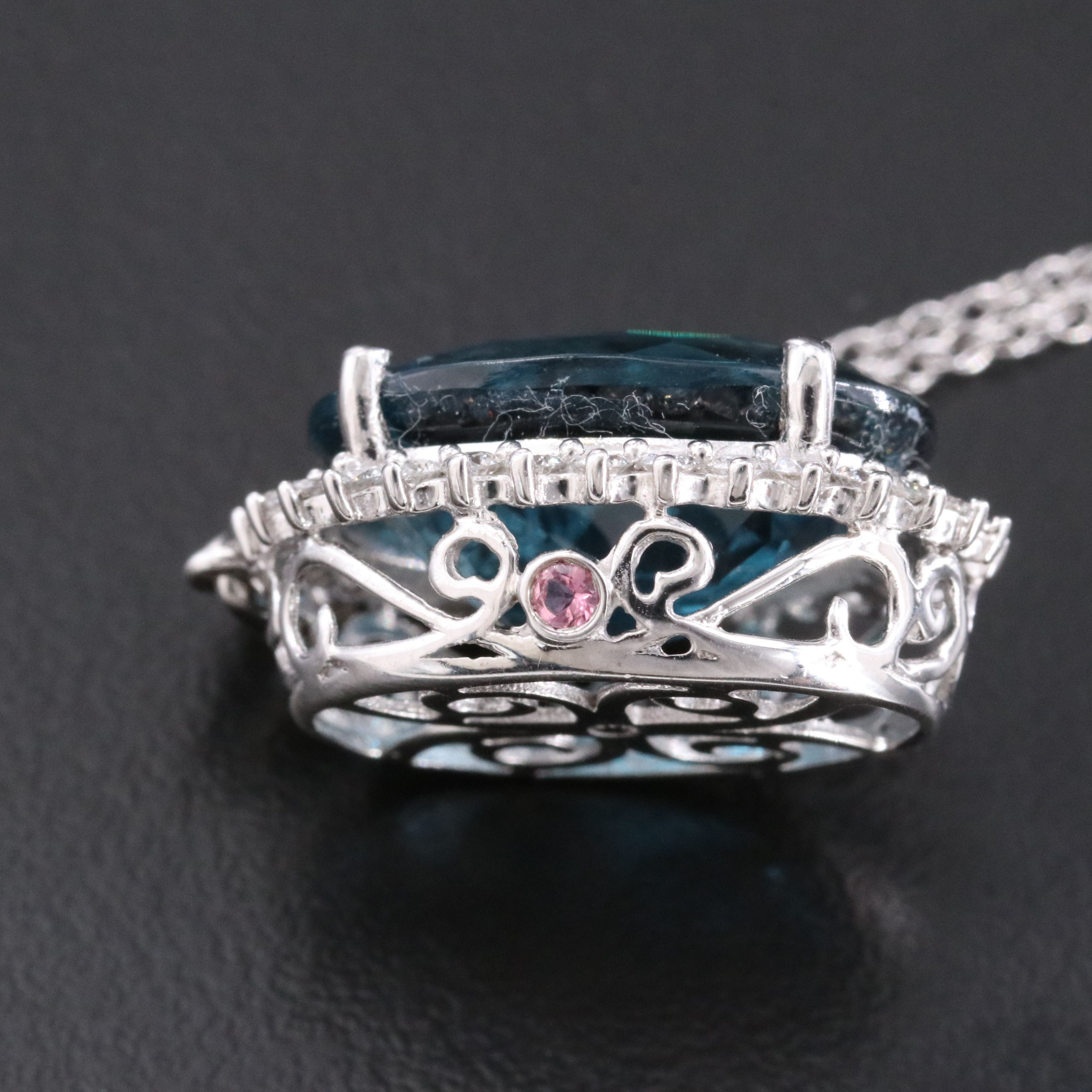 14K 10.35 CT London Blue Topaz and Diamond Necklace with Pink Tourmaline Accents