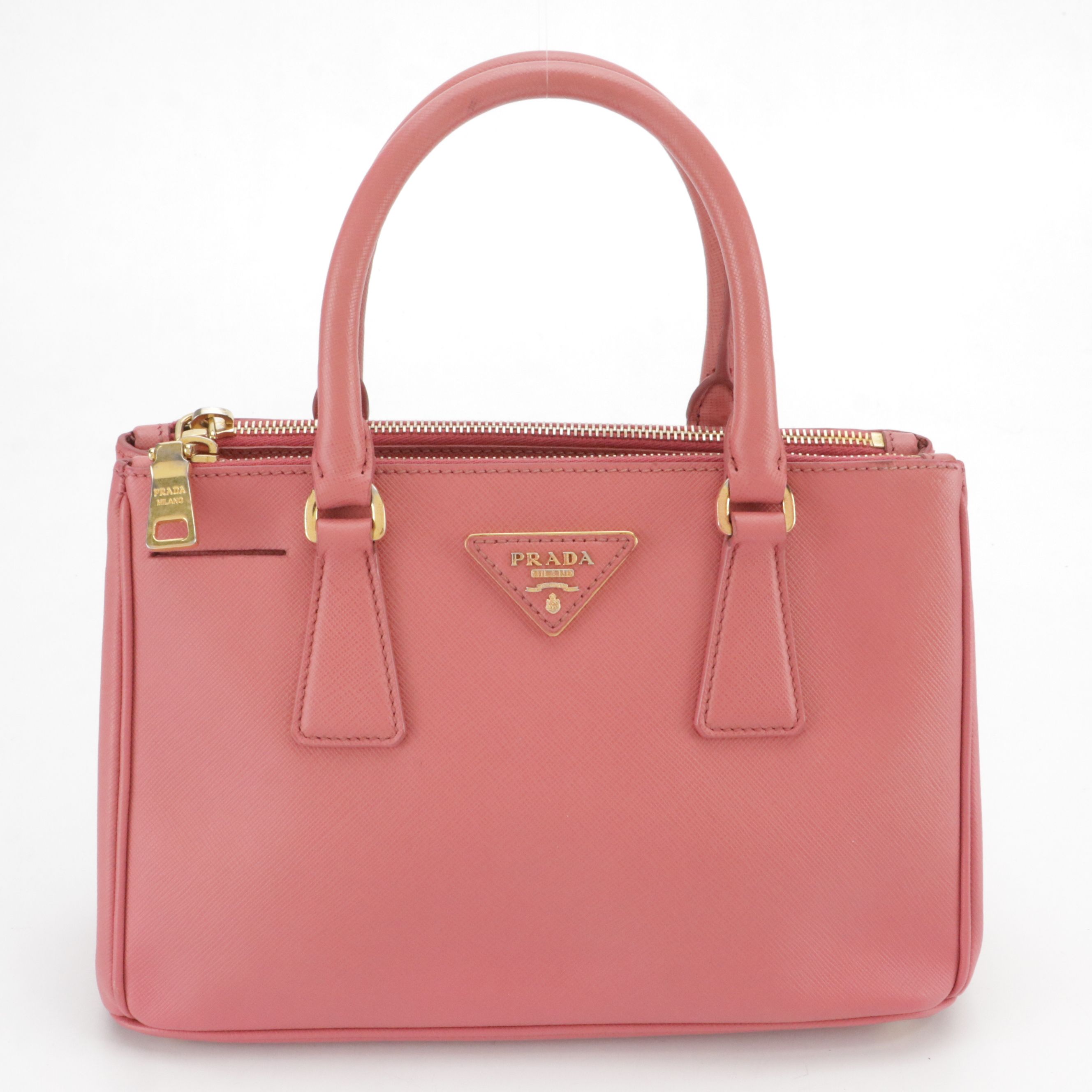 Prada Small Double Zip Galleria Top Handle Tote Bag in Pink Saffiano Leather