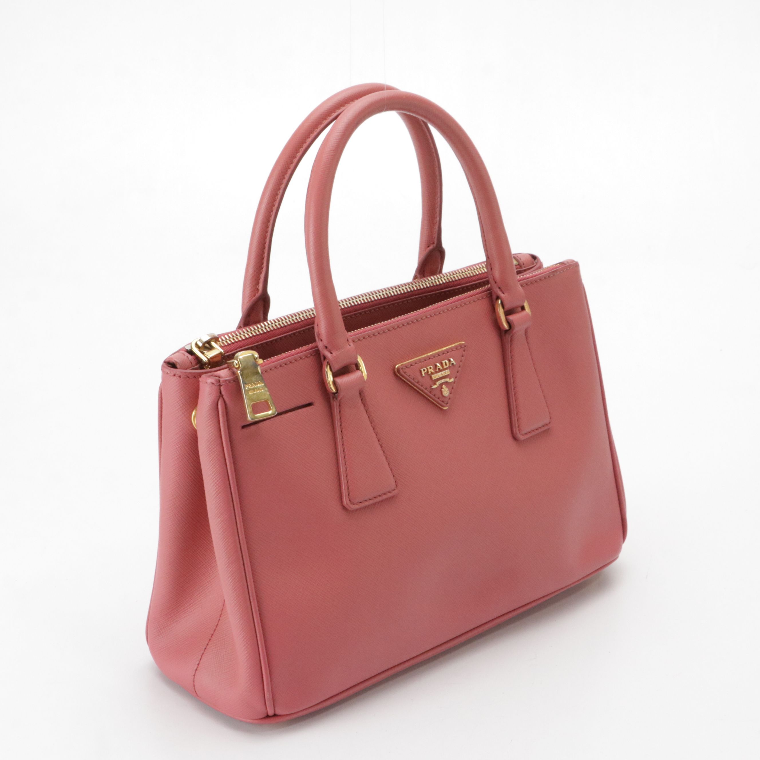 Prada Small Double Zip Galleria Top Handle Tote Bag in Pink Saffiano Leather