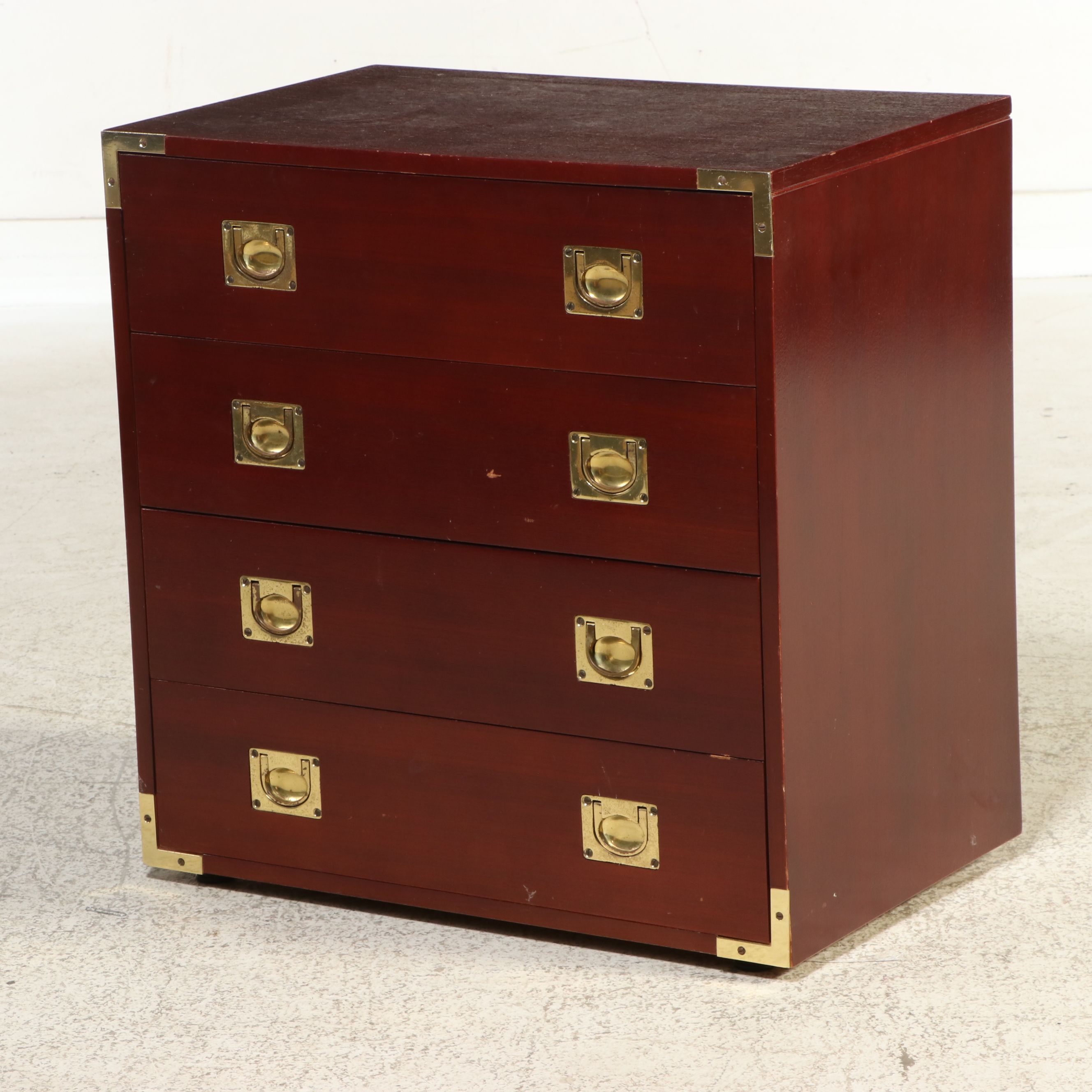 Campaign Style Mahogany Four-Drawer Bedside Chest, Late 20th Century