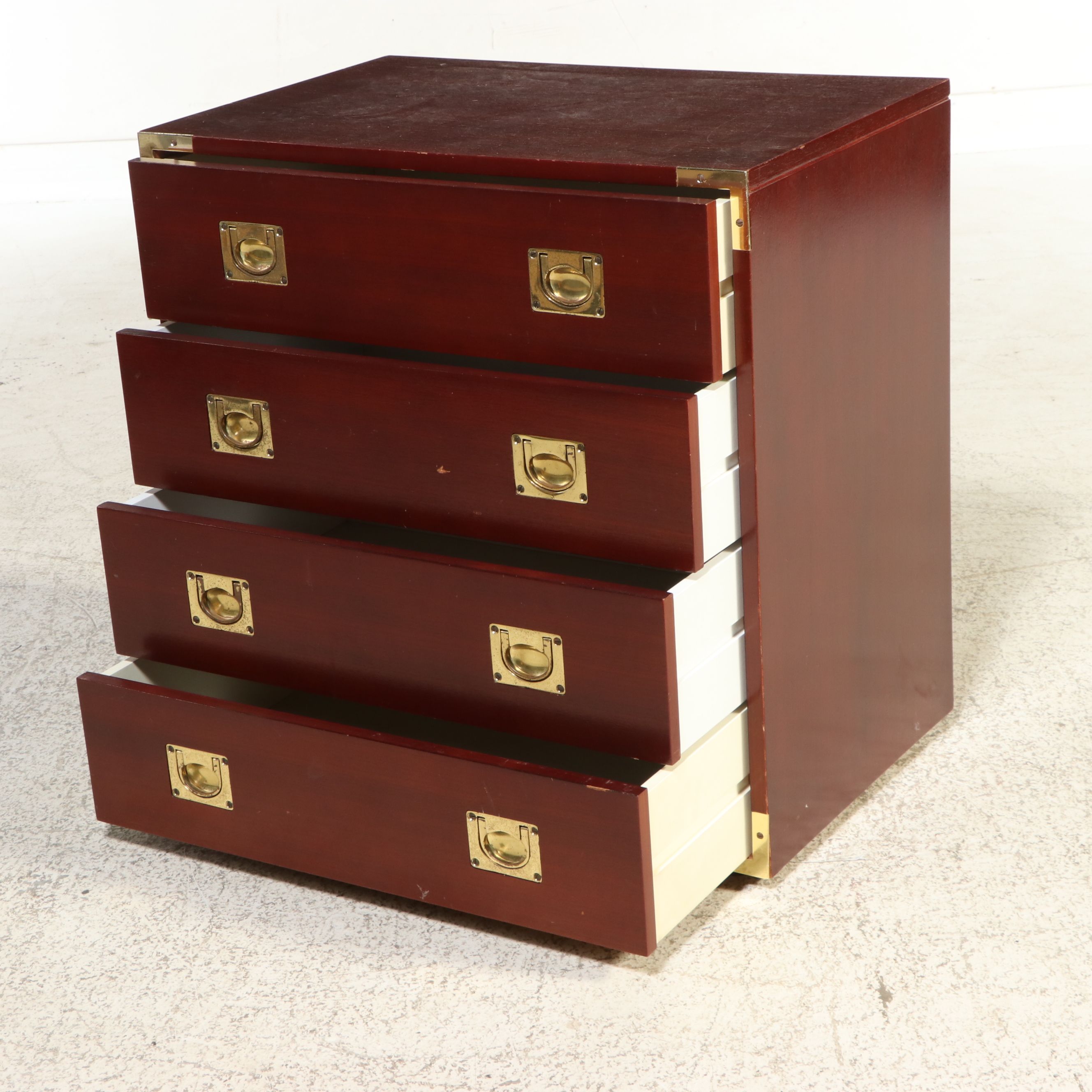 Campaign Style Mahogany Four-Drawer Bedside Chest, Late 20th Century