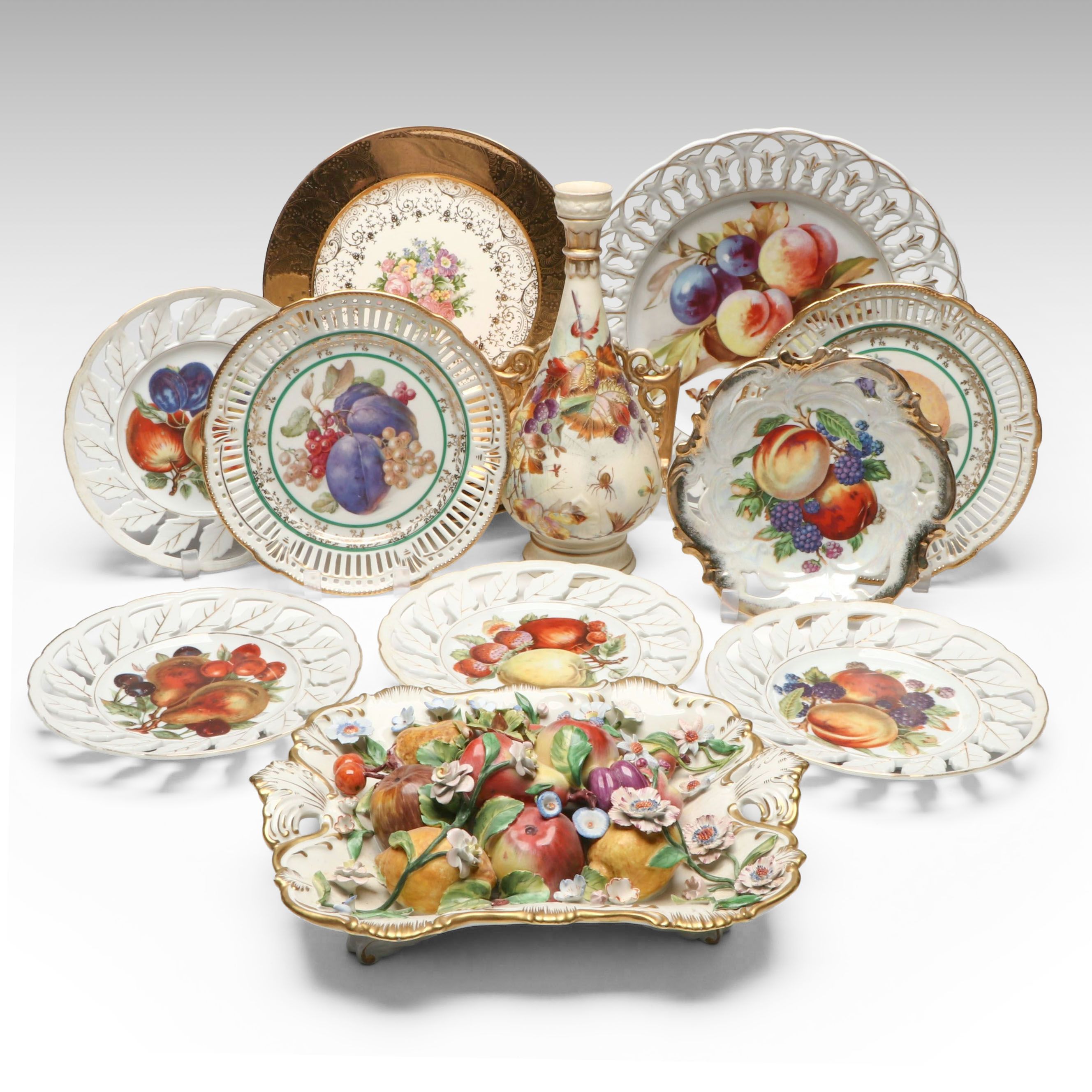 German Hand-Painted Fruit Motif Porcelain Plates with Other Table Décor
