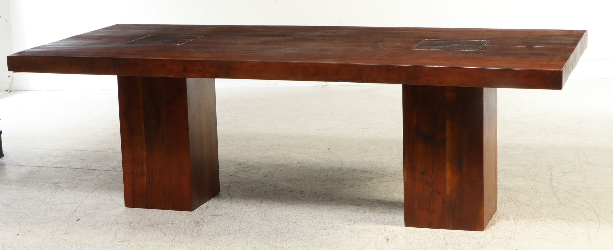 Rustic Inset Plank Trestle Dining Table with Butterfly Joints, 21st Century