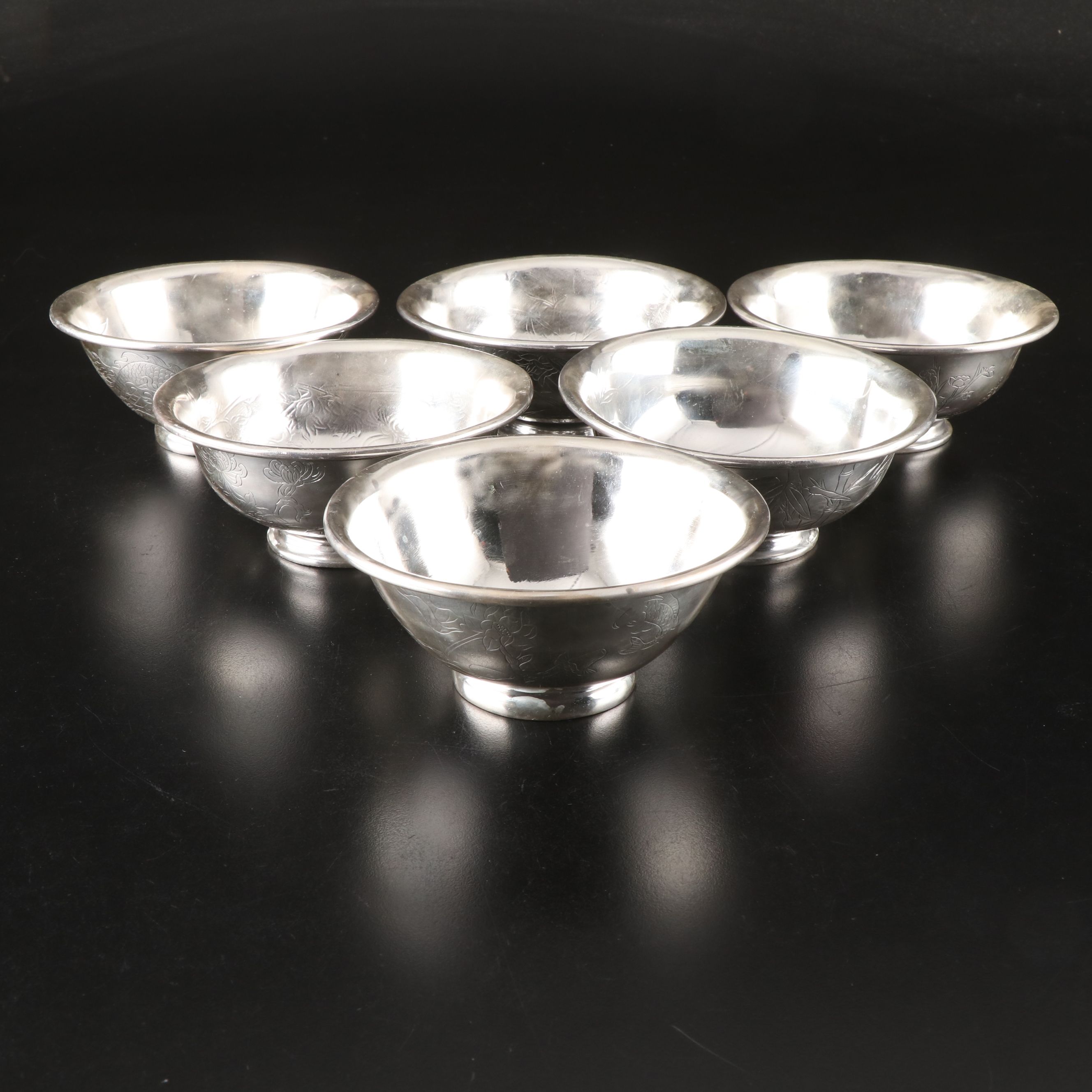 Chinese Sterling Footed Bowls with Bamboo and Other Engraved Designs