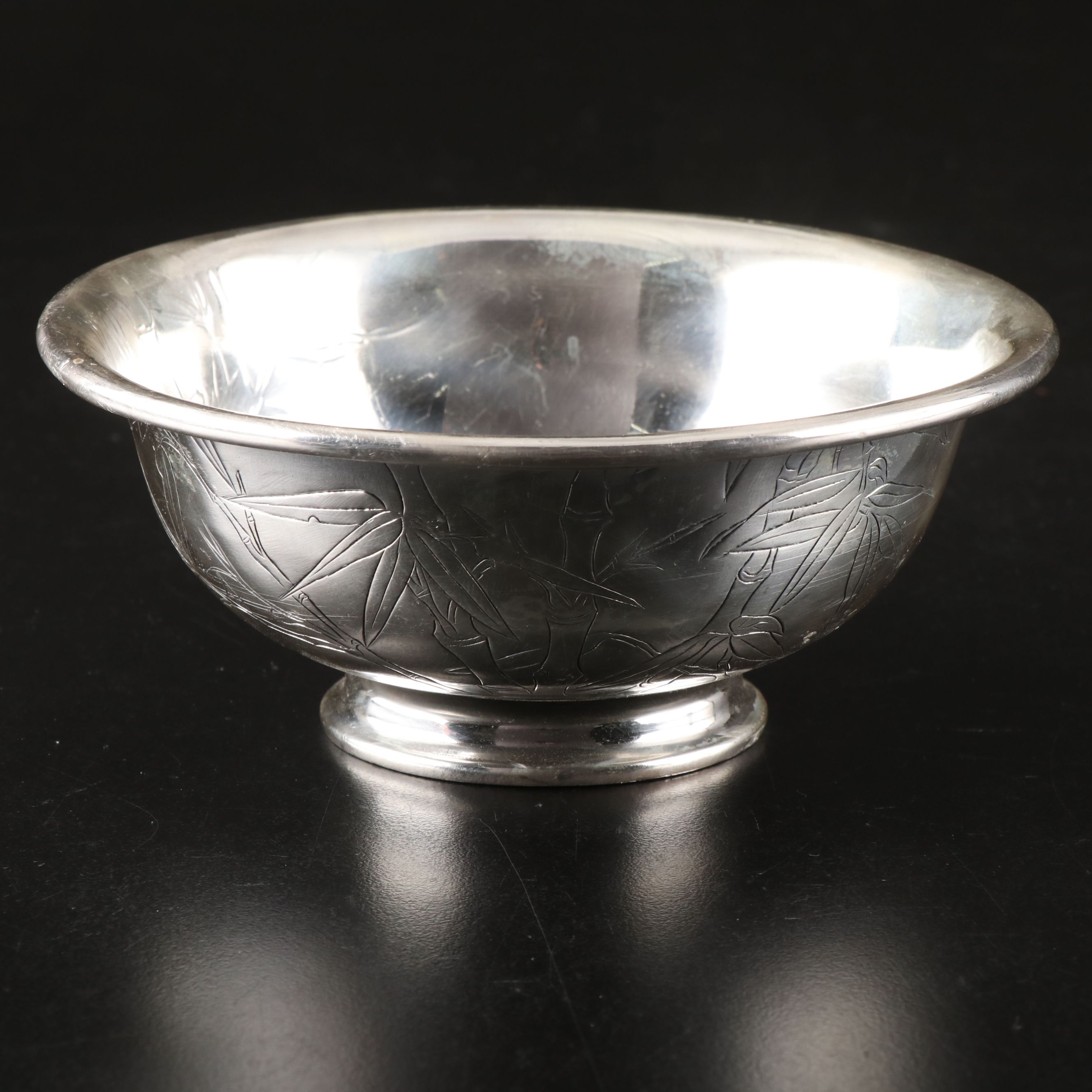 Chinese Sterling Footed Bowls with Bamboo and Other Engraved Designs