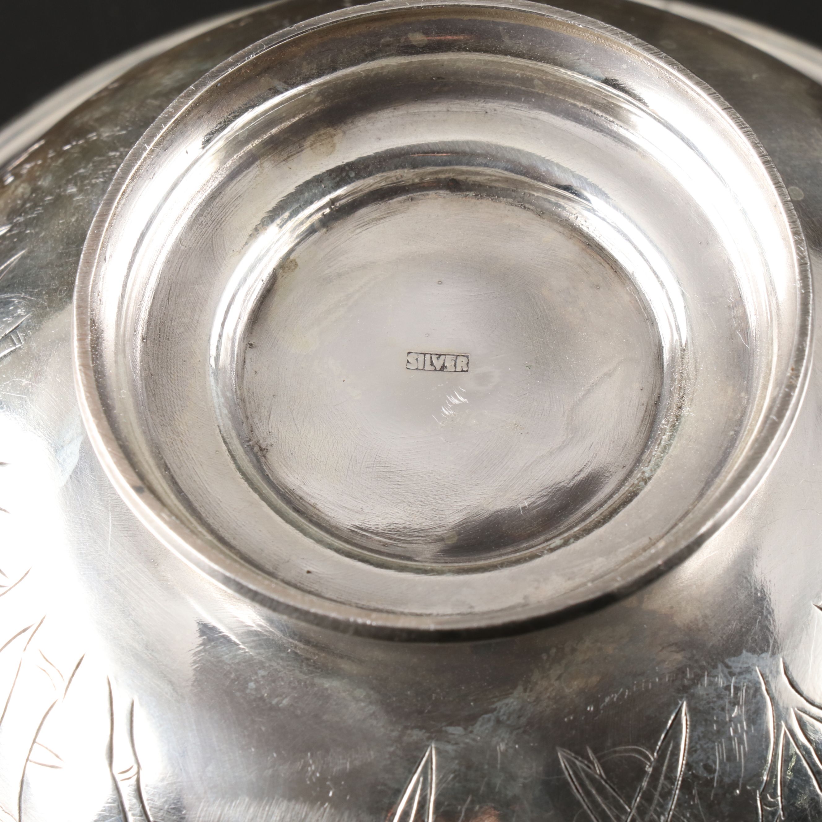Chinese Sterling Footed Bowls with Bamboo and Other Engraved Designs