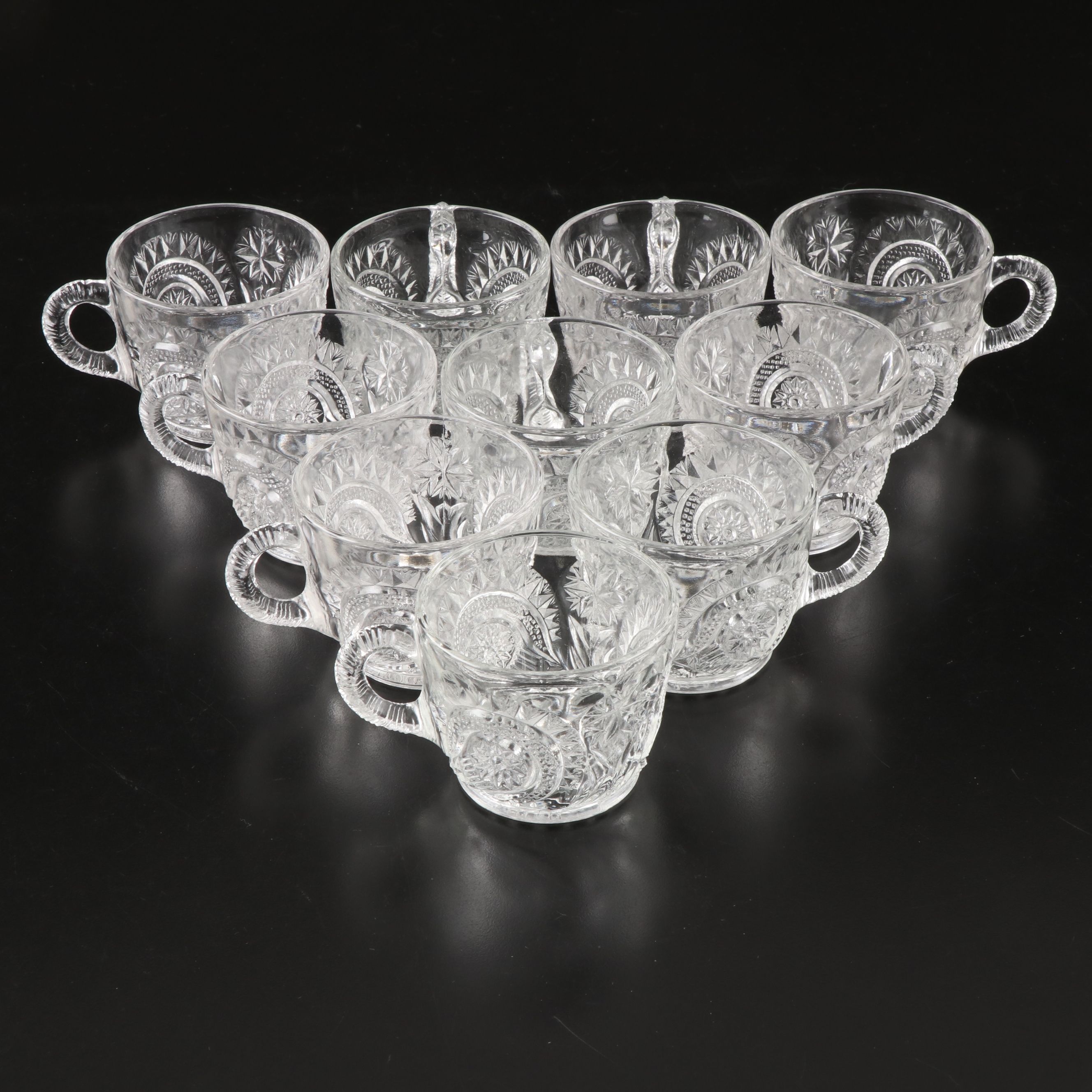 Pressed Glass Punch Bowl Pedestal with Glasses, Early 20th Century