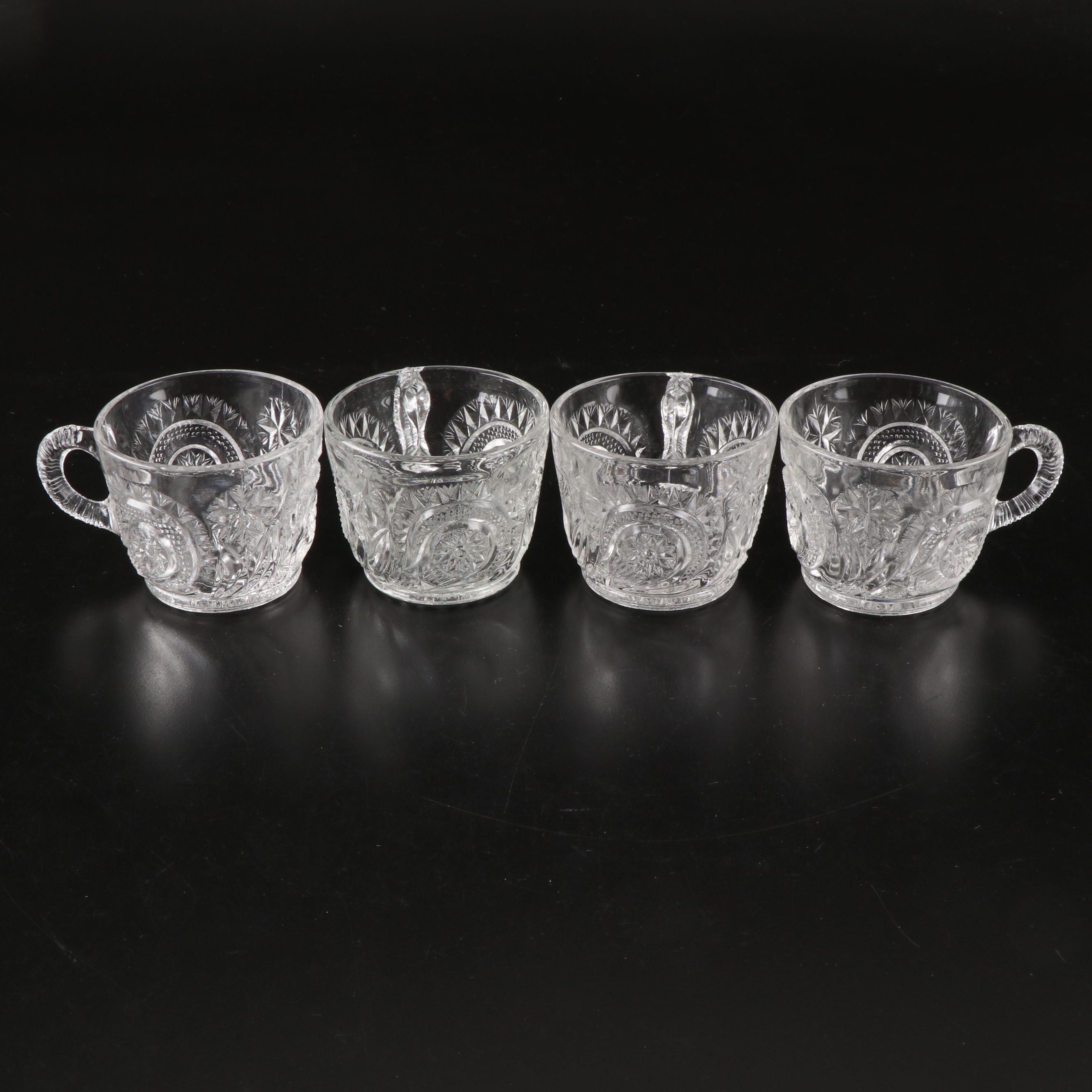 Pressed Glass Punch Bowl Pedestal with Glasses, Early 20th Century