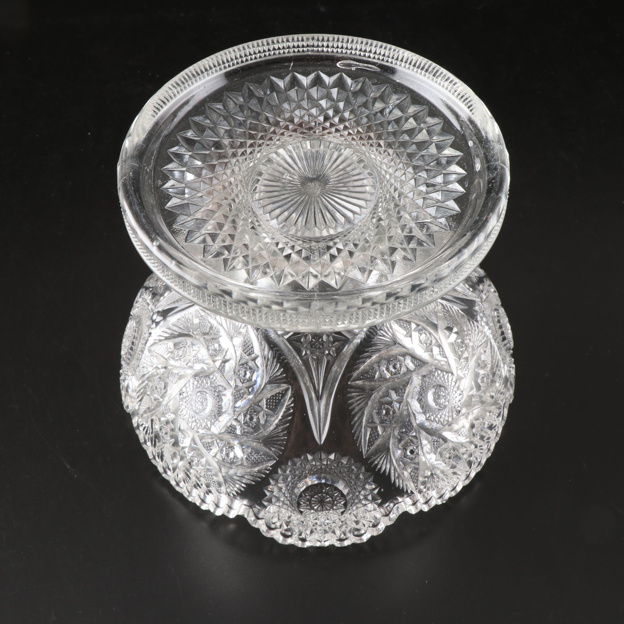 Pressed Glass Punch Bowl Pedestal with Glasses, Early 20th Century