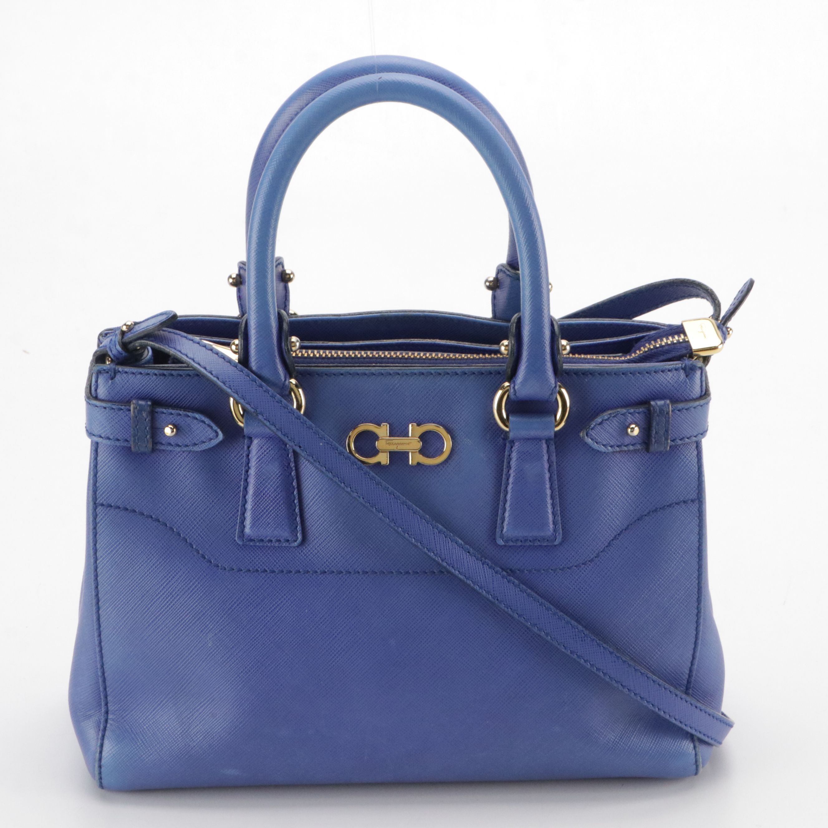 Salvatore Ferragamo Blue Saffiano Leather 2-Way Bag with Gancini Horsebit Detail