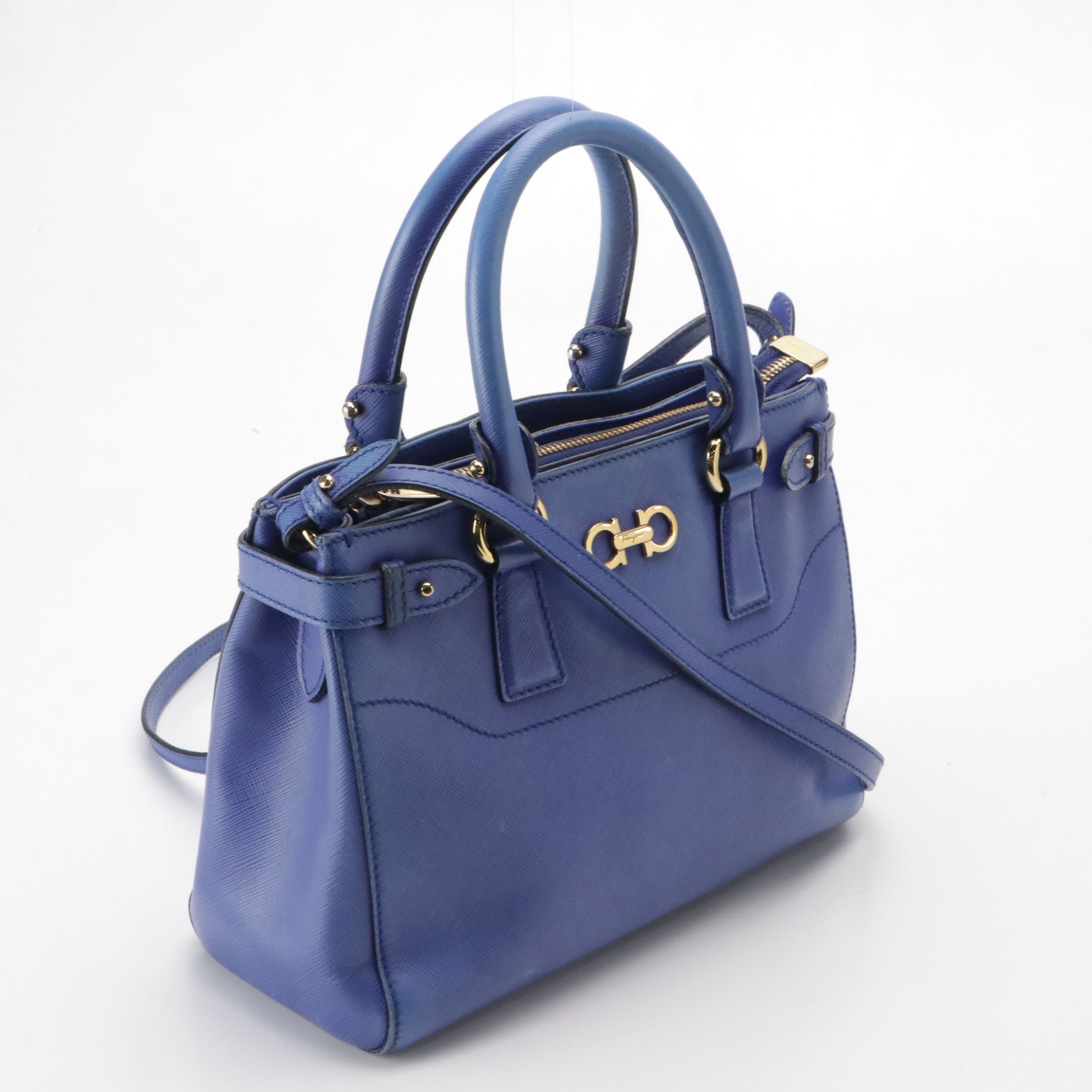 Salvatore Ferragamo Blue Saffiano Leather 2-Way Bag with Gancini Horsebit Detail