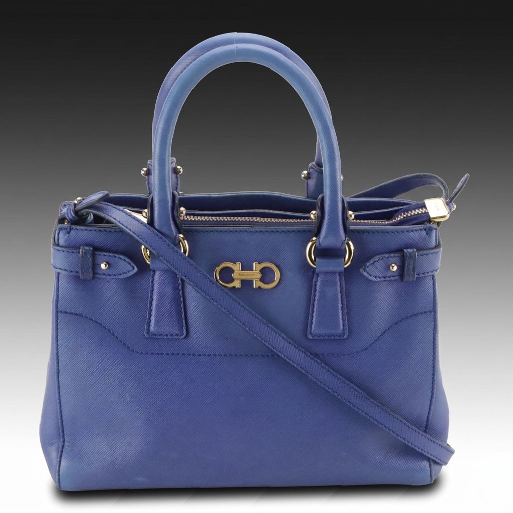 Salvatore Ferragamo Blue Saffiano Leather 2-Way Bag with Gancini Horsebit Detail