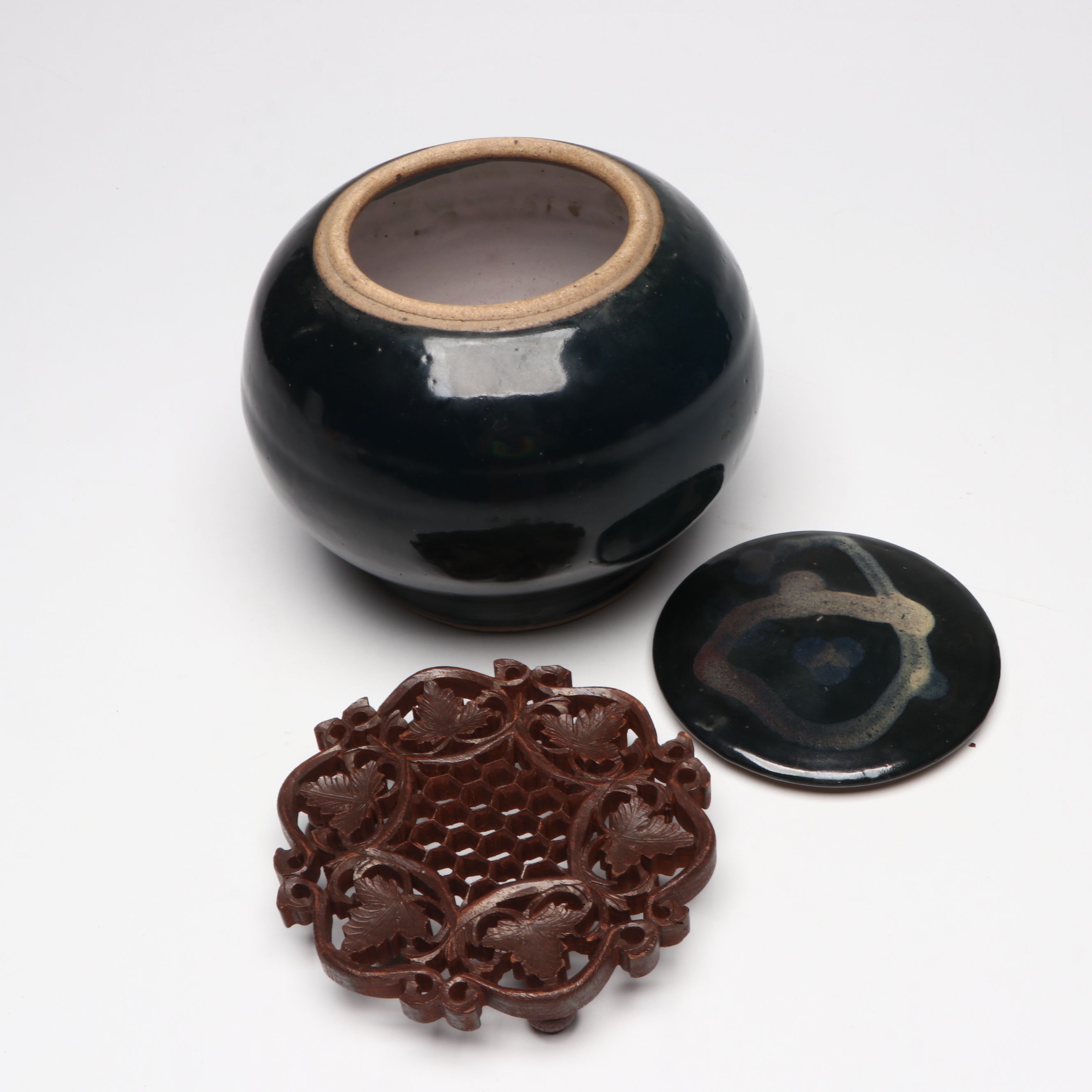 Jean Bruneau Attr. Gloss Black Ceramic Lidded Jar on Carved Stand