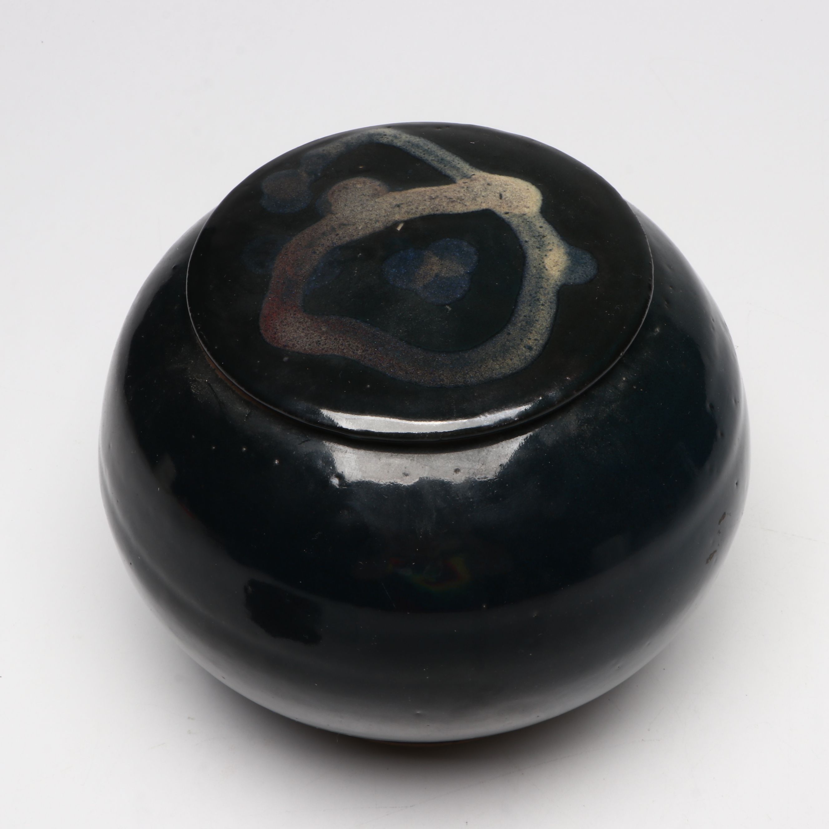 Jean Bruneau Attr. Gloss Black Ceramic Lidded Jar on Carved Stand
