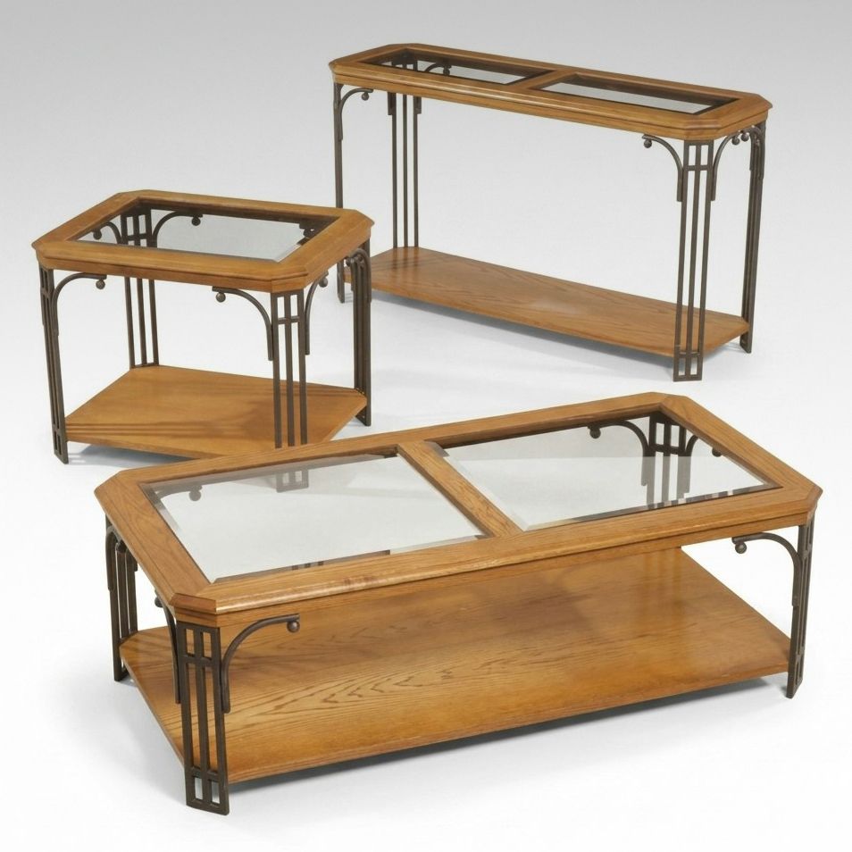 Metal and Oak Glass-Top Coffee, End, and Sofa Tables
