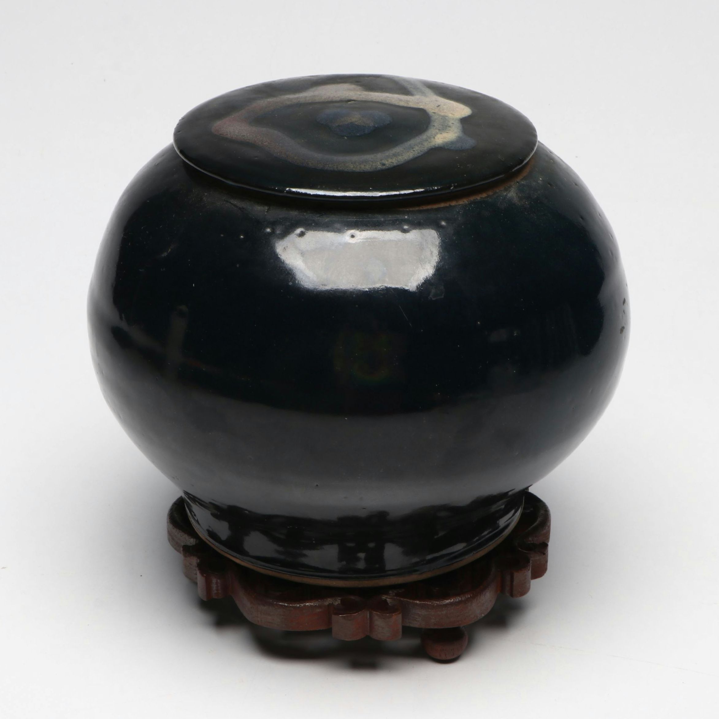 Jean Bruneau Attr. Gloss Black Ceramic Lidded Jar on Carved Stand
