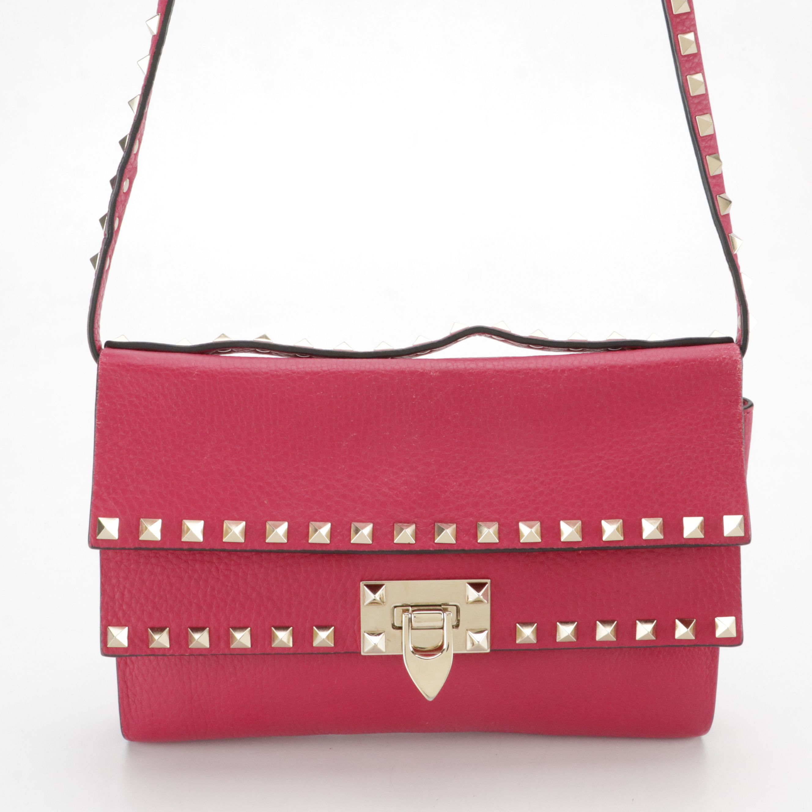 Valentino Double Flap Two-Way Crossbody Bag in Rockstud Pink Grained Leather