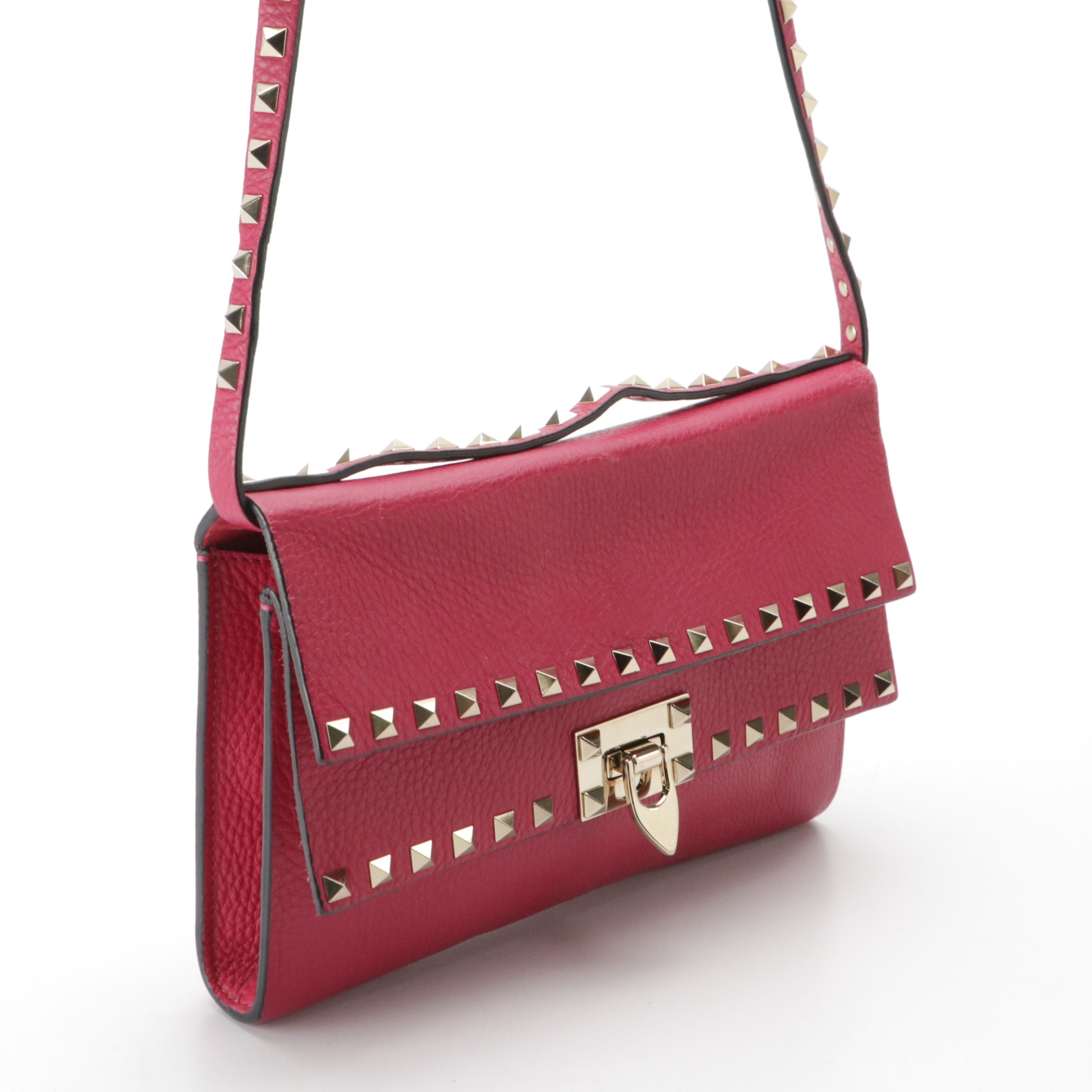 Valentino Double Flap Two-Way Crossbody Bag in Rockstud Pink Grained Leather