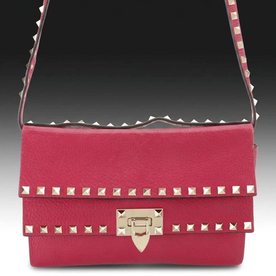 Valentino Double Flap Two-Way Crossbody Bag in Rockstud Pink Grained Leather