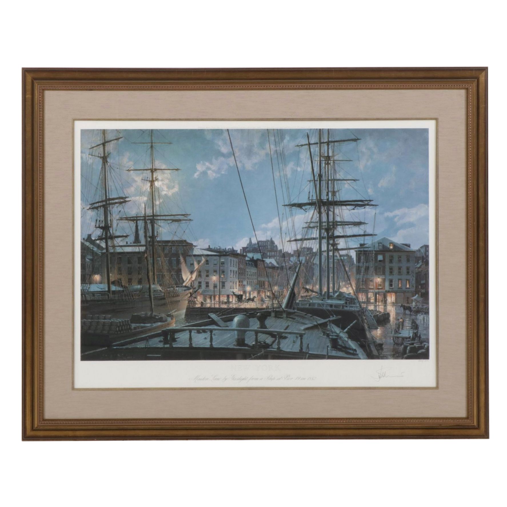 John Stobart Offset Lithograph of New York "Maiden Lane by Gaslight..." 1985