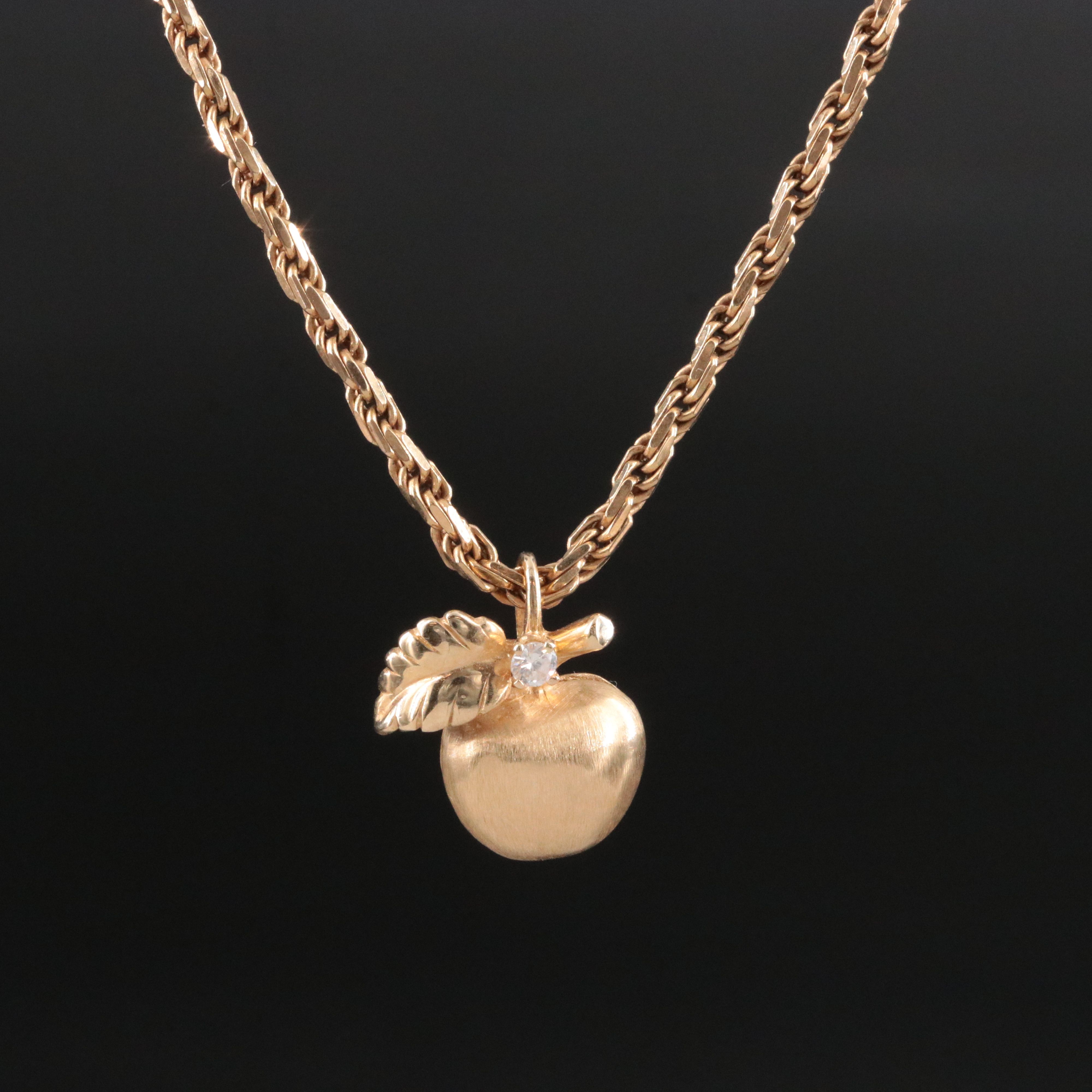 14K 0.04 CT Diamond Apple Pendant Necklace