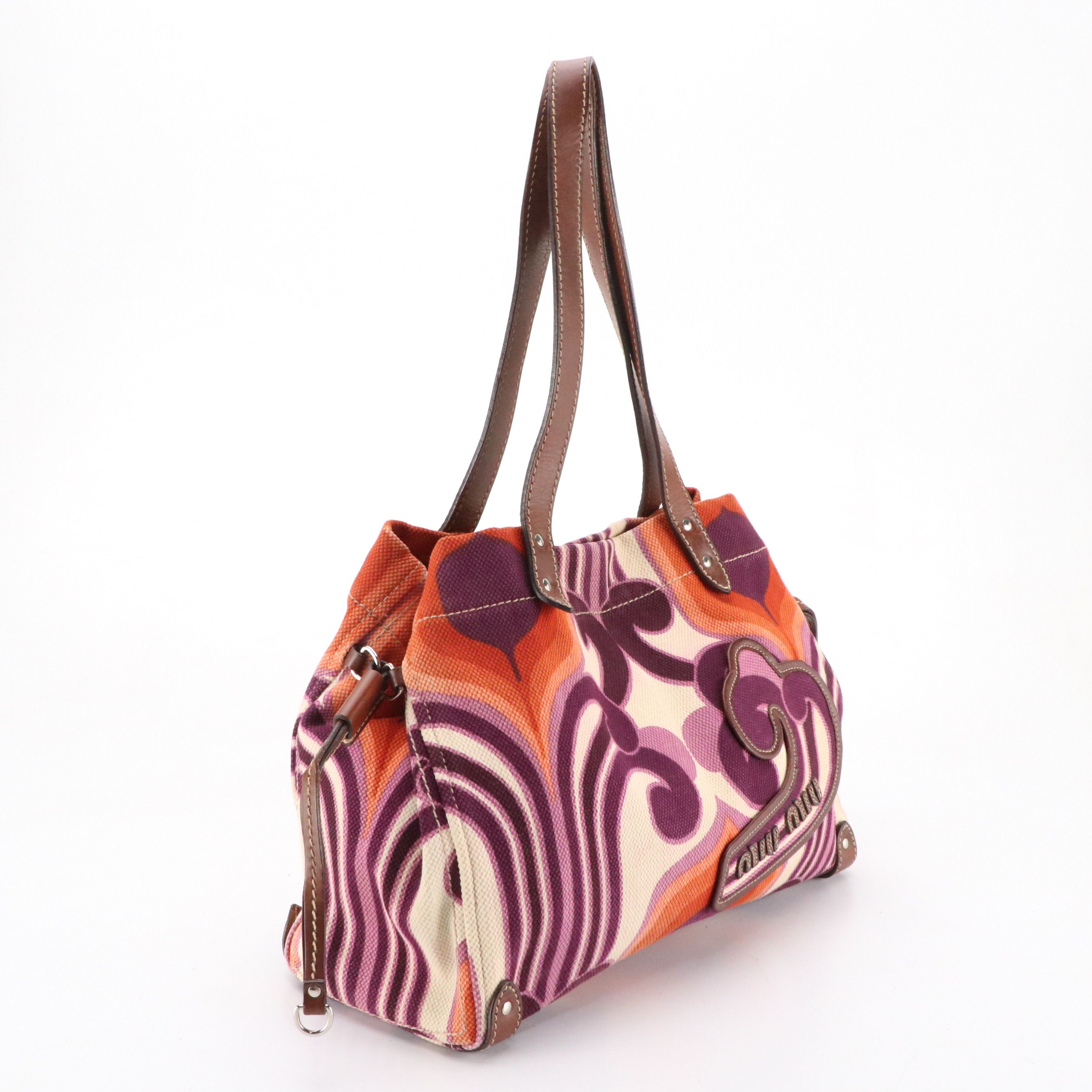 Miu Miu Printed Canvas Shoulder Bag with Brown Calfskin Leather Trim