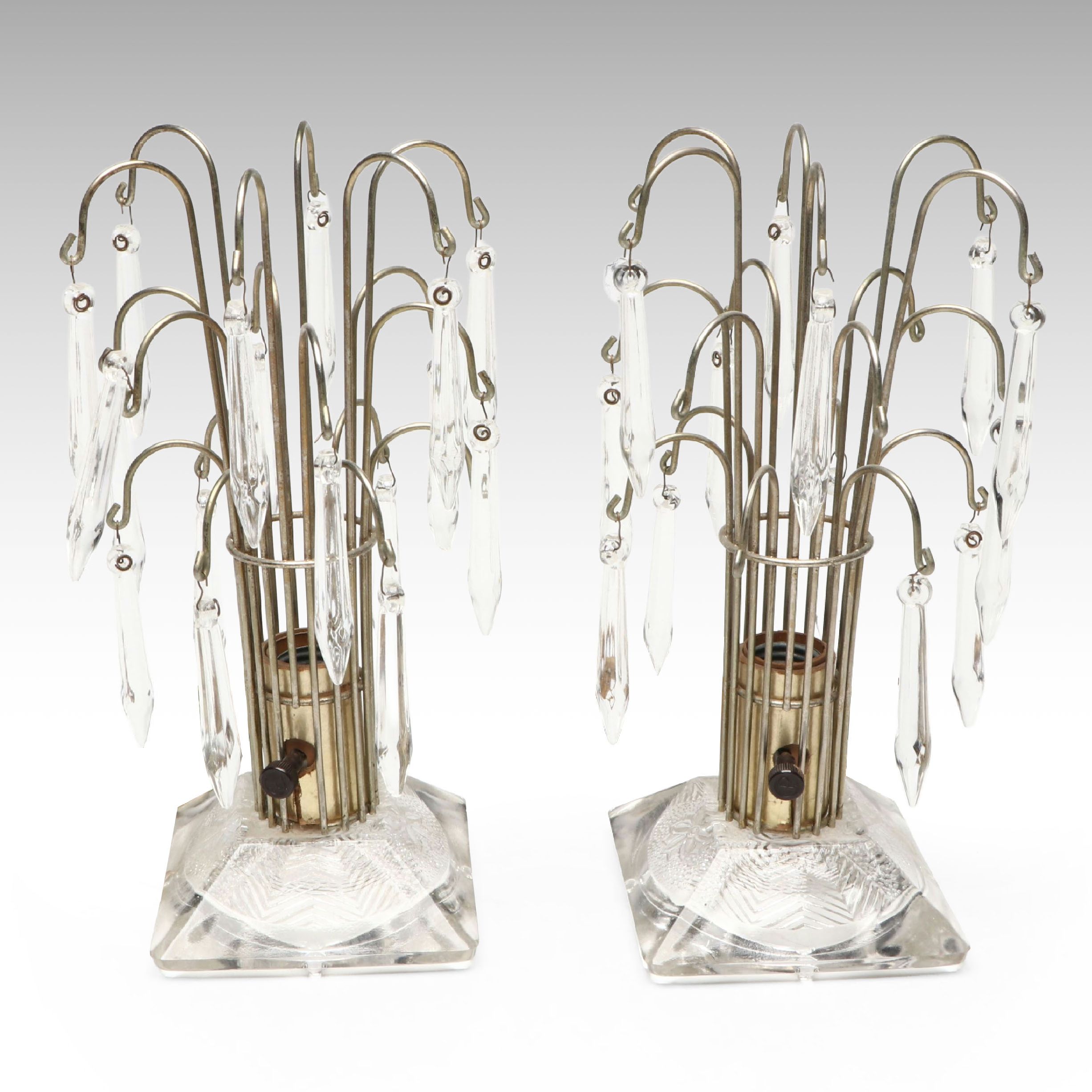 Pair of Hollywood Regency Crystal Fountain Style Accent Lamps