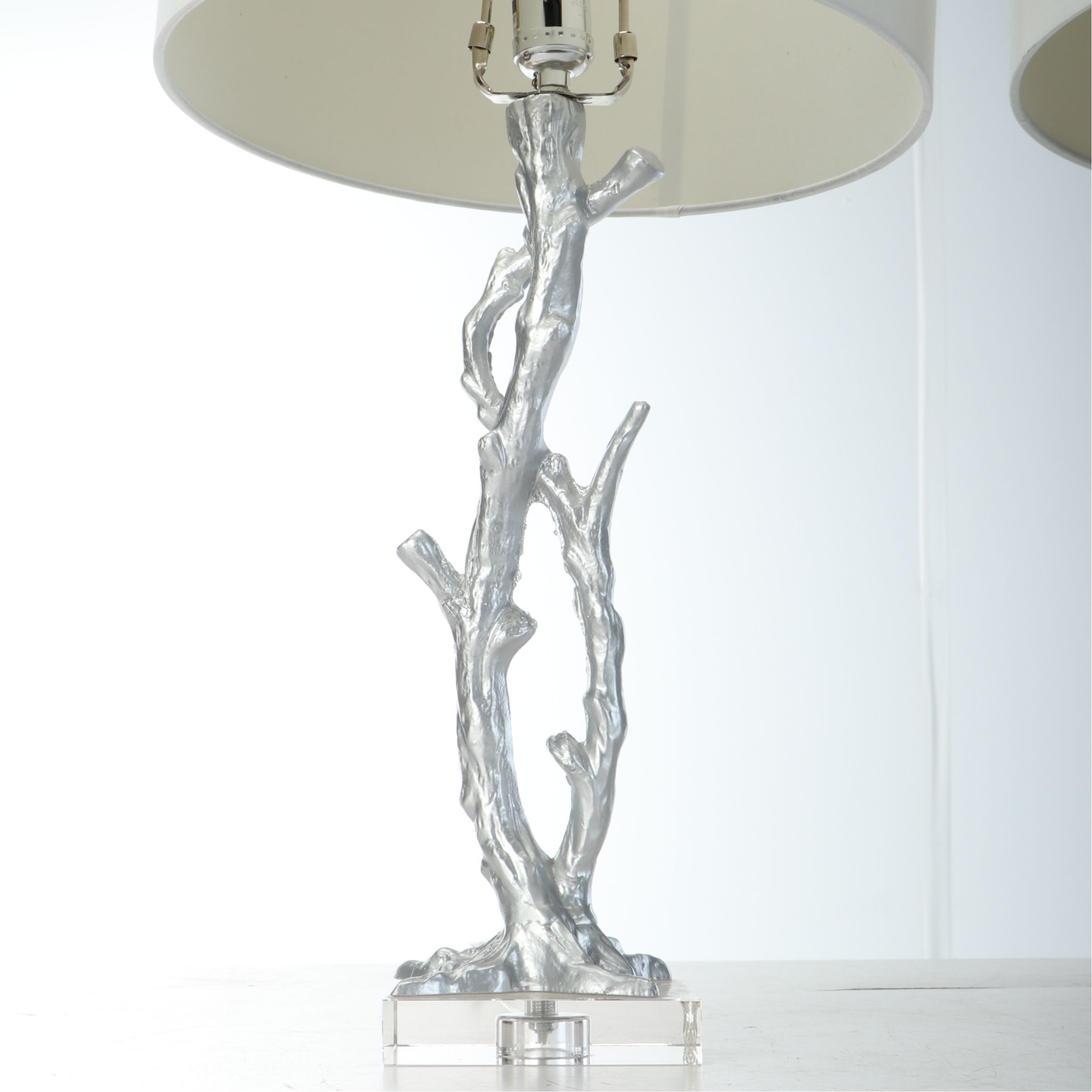 Pair of Silver Painted Faux Bois Table Lamps with Drum Shades