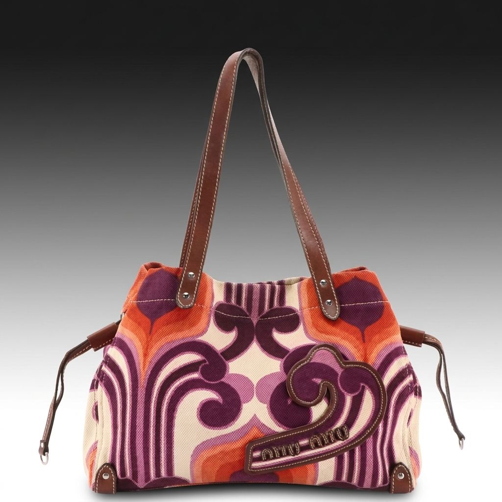 Miu Miu Printed Canvas Shoulder Bag with Brown Calfskin Leather Trim