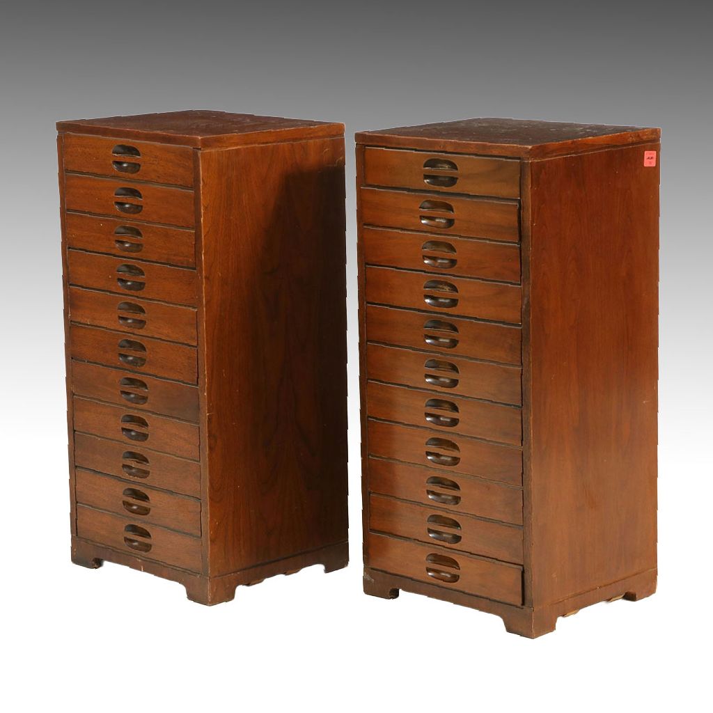 Pair of Mid Century Modern Style Walnut Specimen or Map Cabinets
