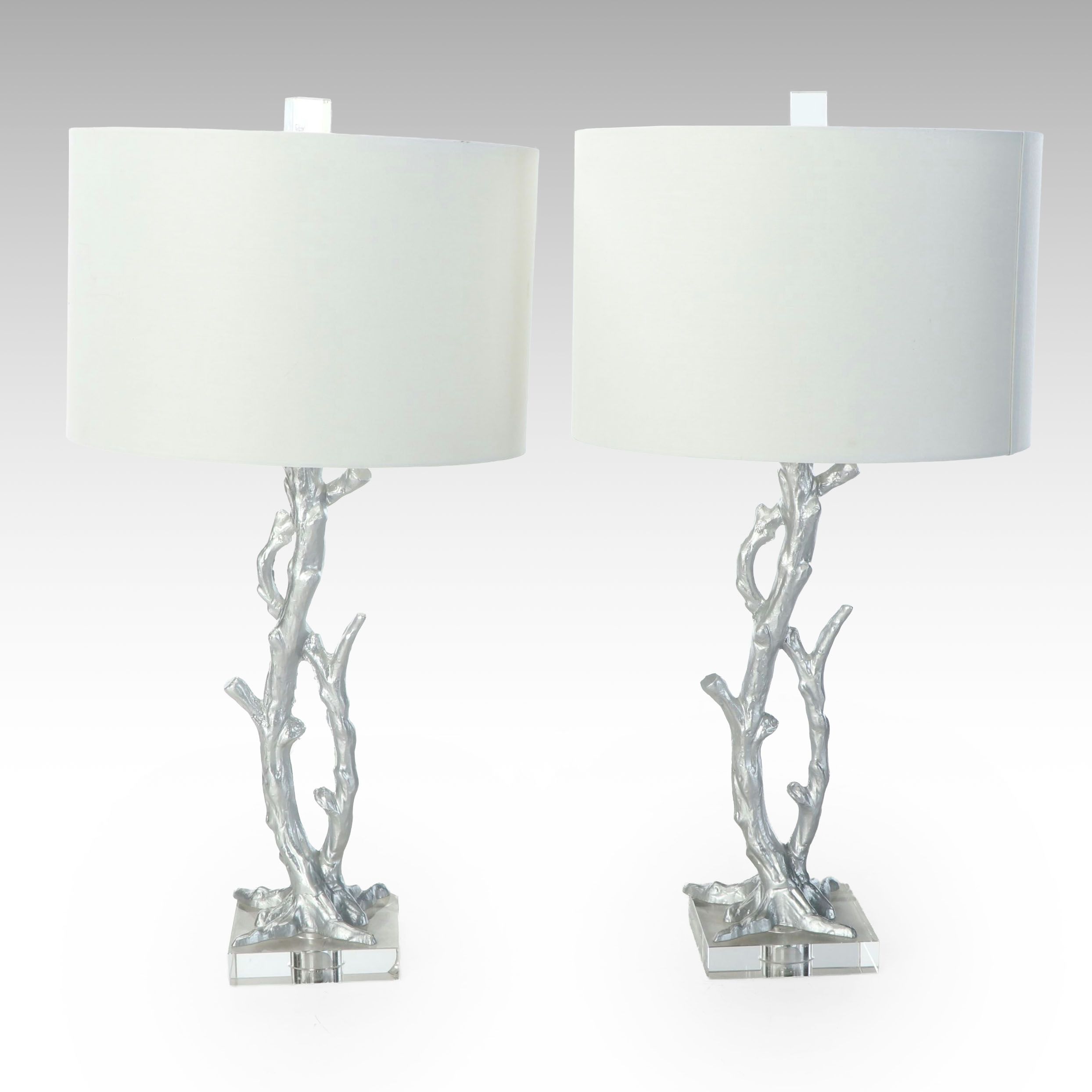 Pair of Silver Painted Faux Bois Table Lamps with Drum Shades