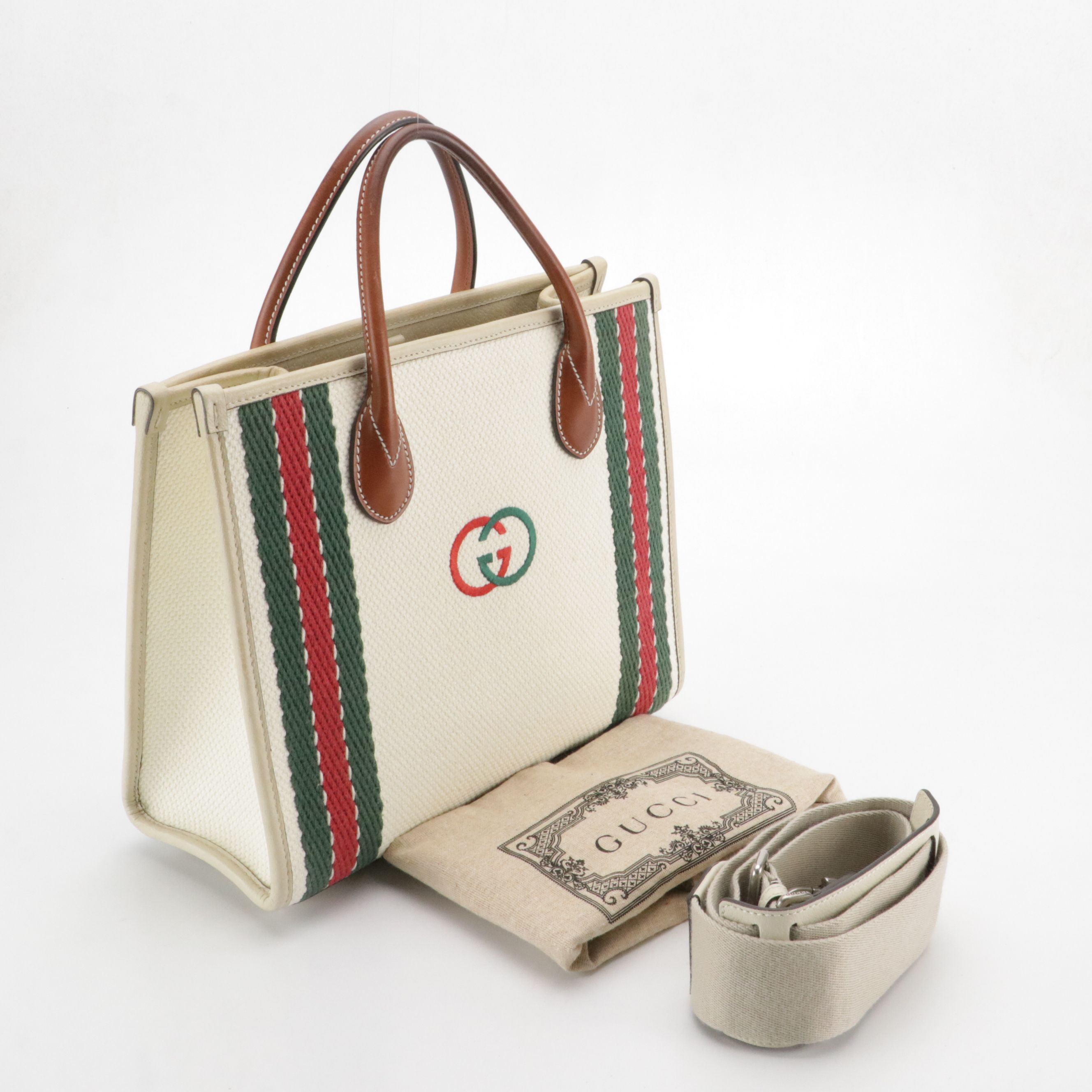 Gucci GG Two-Way Tote Bag in Web Stripe Canvas and Calfskin Leather Trim