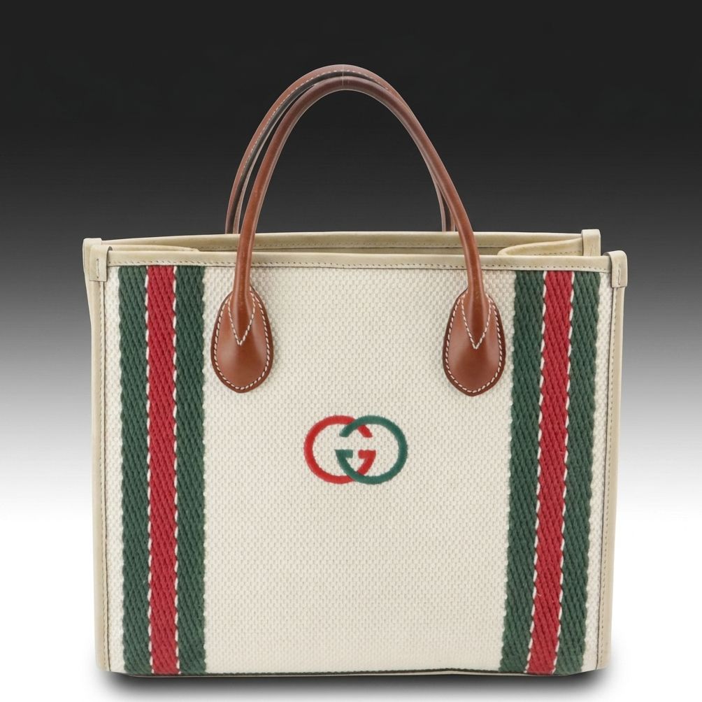 Gucci GG Two-Way Tote Bag in Web Stripe Canvas and Calfskin Leather Trim