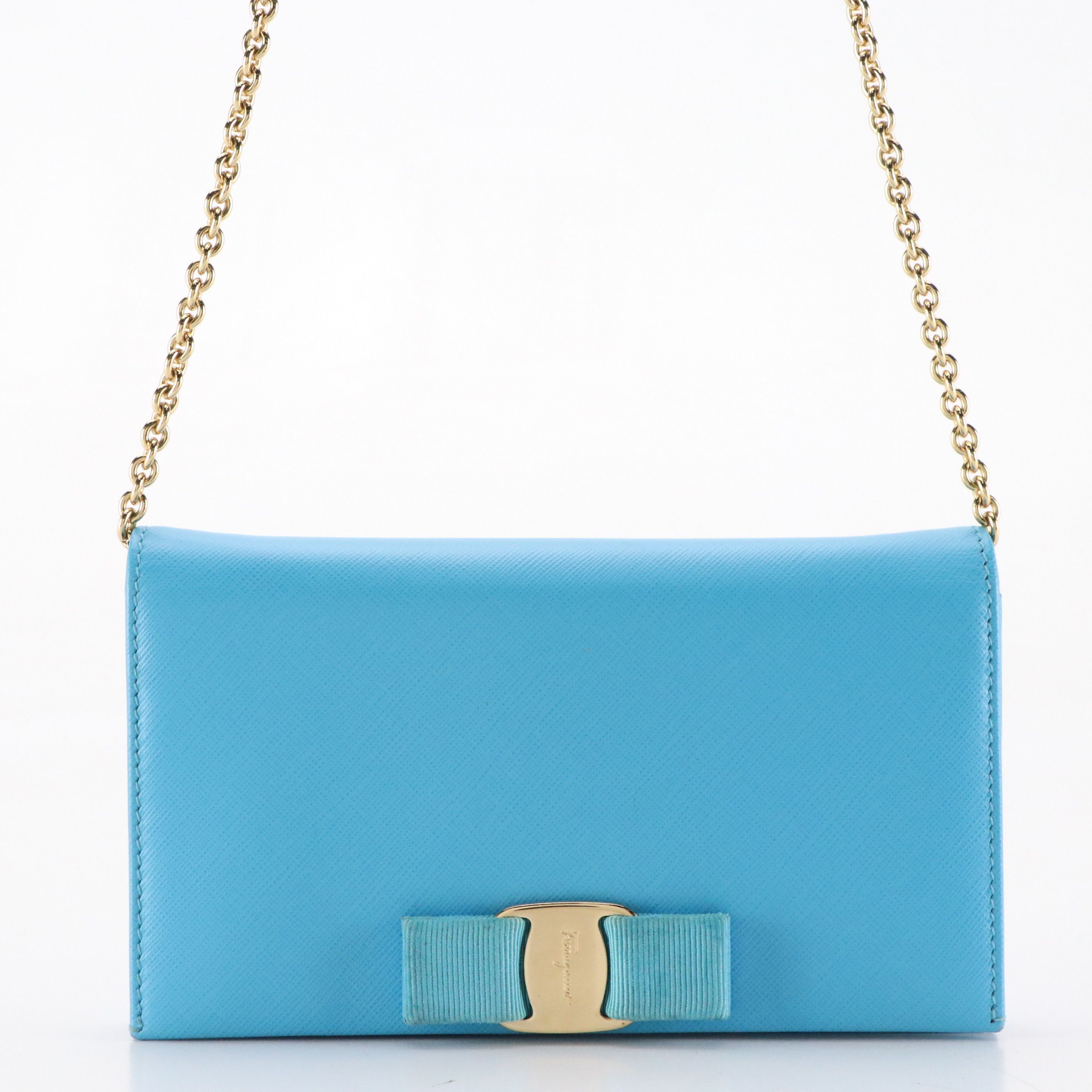 Salvatore Ferragamo Vara Bow Crossbody Wallet on Chain in Blue Grained Leather