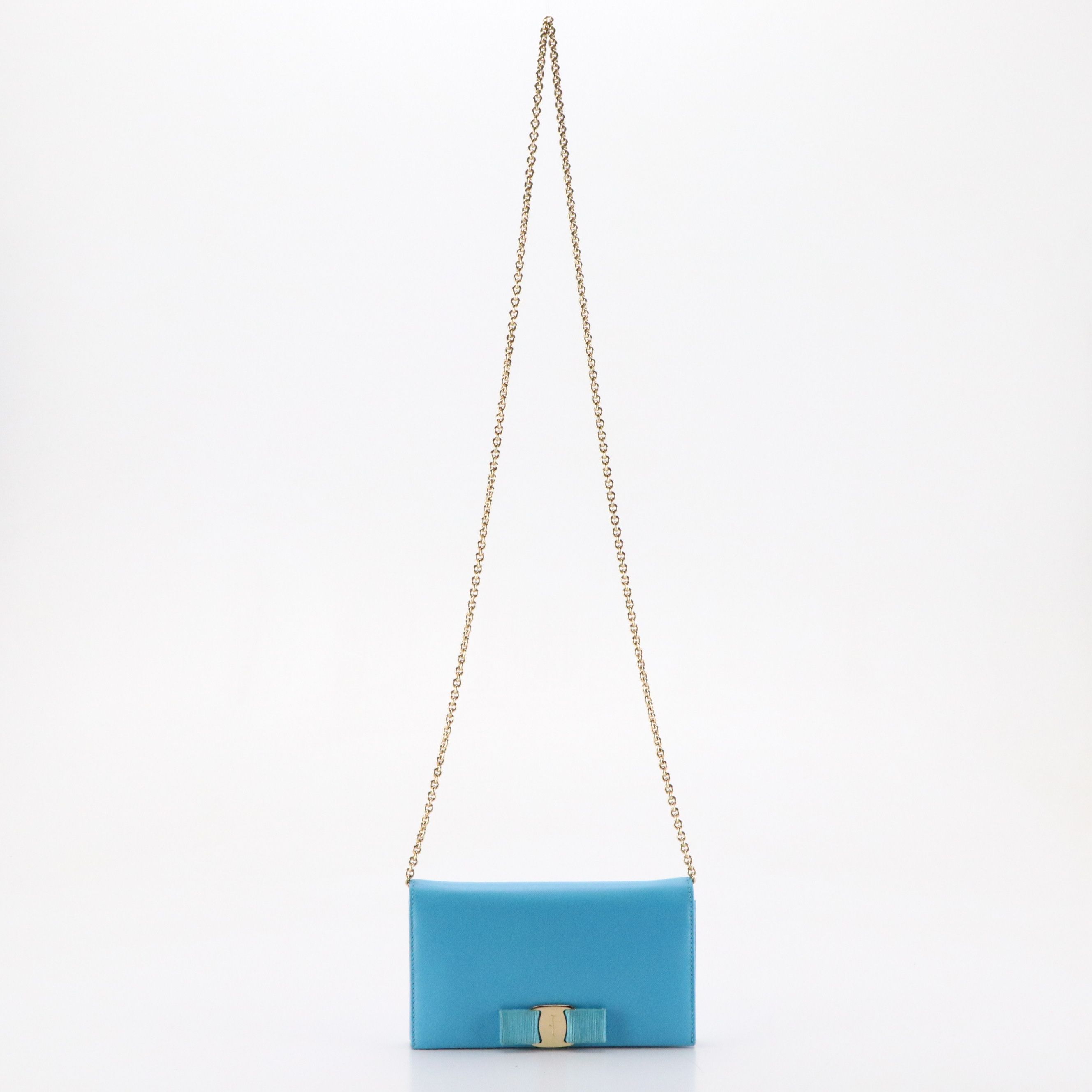 Salvatore Ferragamo Vara Bow Crossbody Wallet on Chain in Blue Grained Leather