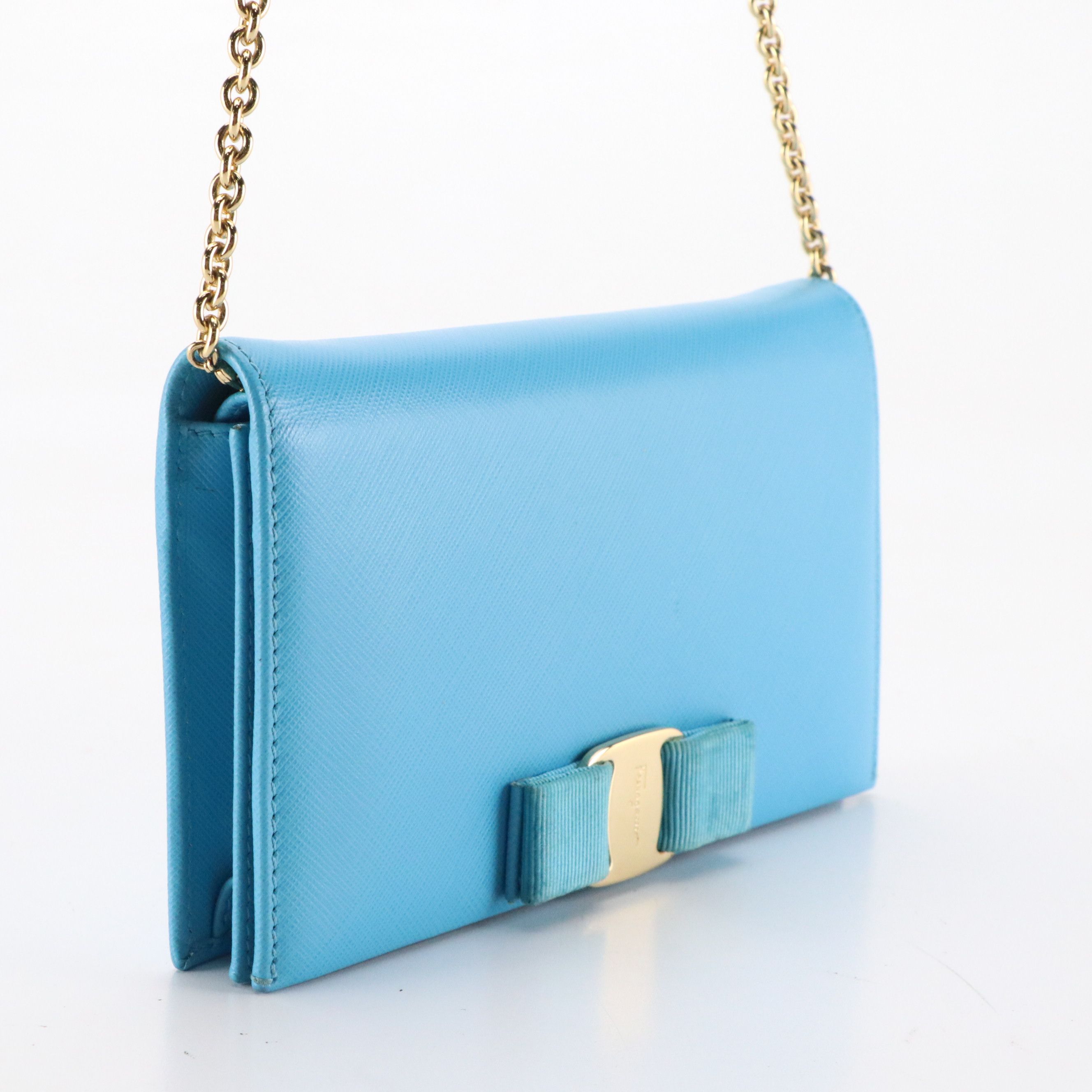 Salvatore Ferragamo Vara Bow Crossbody Wallet on Chain in Blue Grained Leather