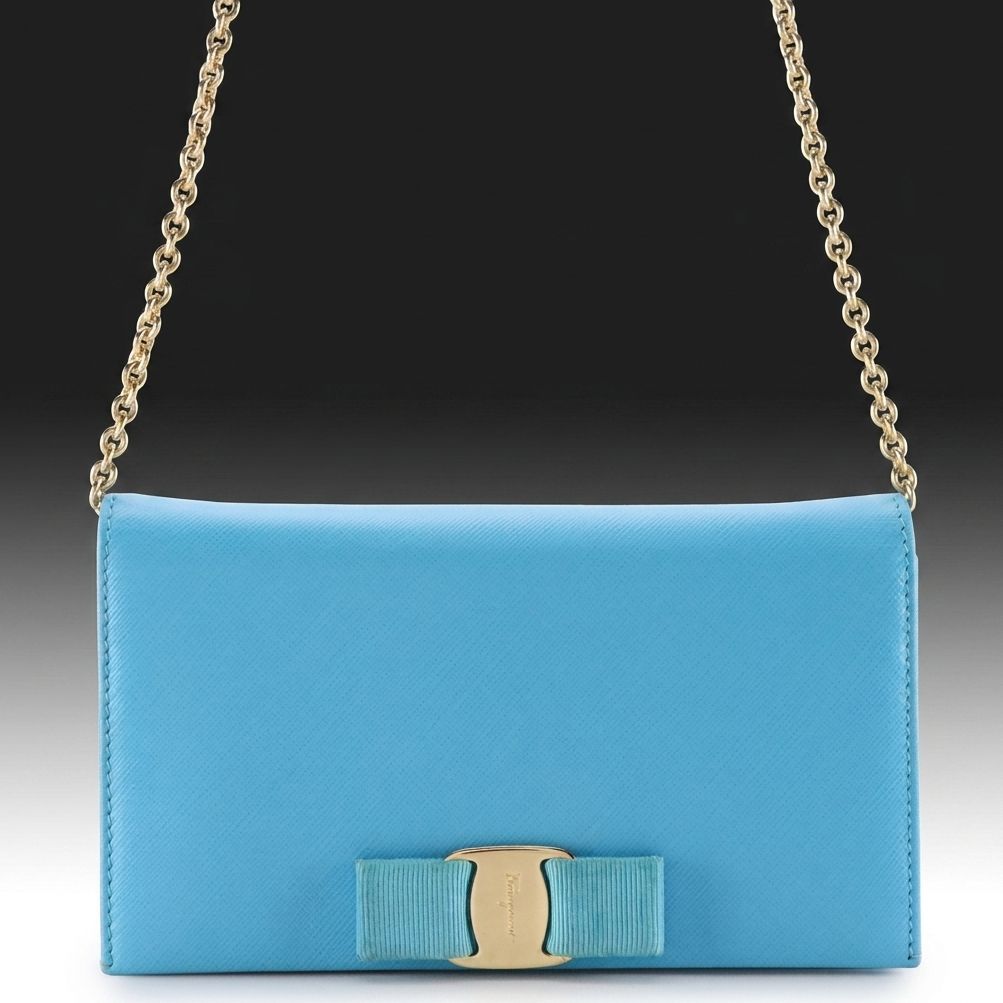 Salvatore Ferragamo Vara Bow Crossbody Wallet on Chain in Blue Grained Leather
