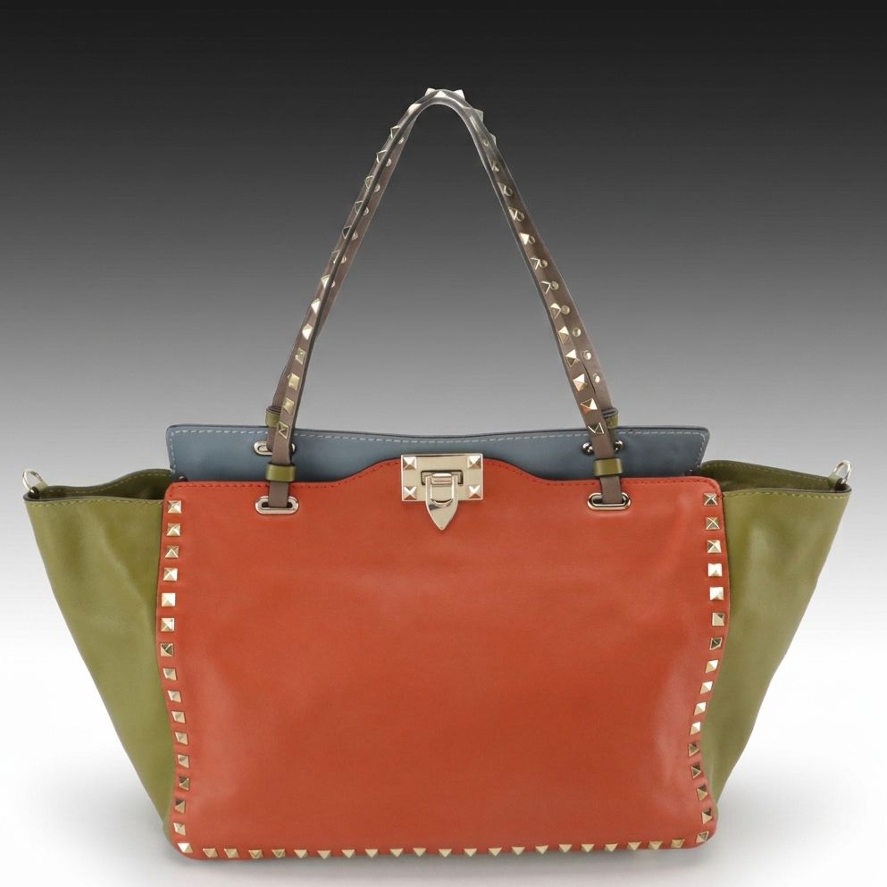 Valentino Garavani Medium Rockstud Trapeze Two-Way Tote in Colorblock Leather