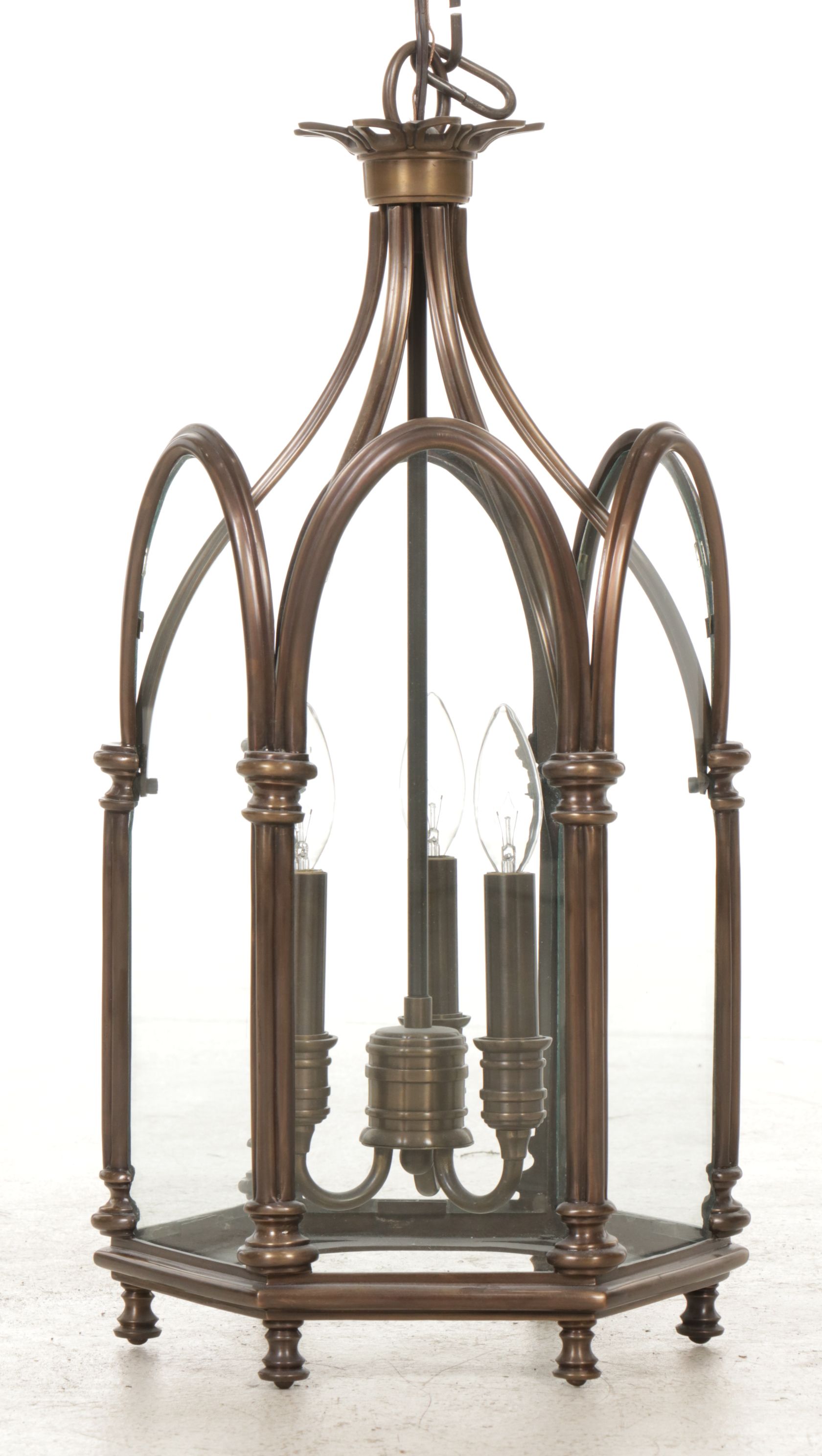Pair of Arch Panel Three Light Pendant Lights