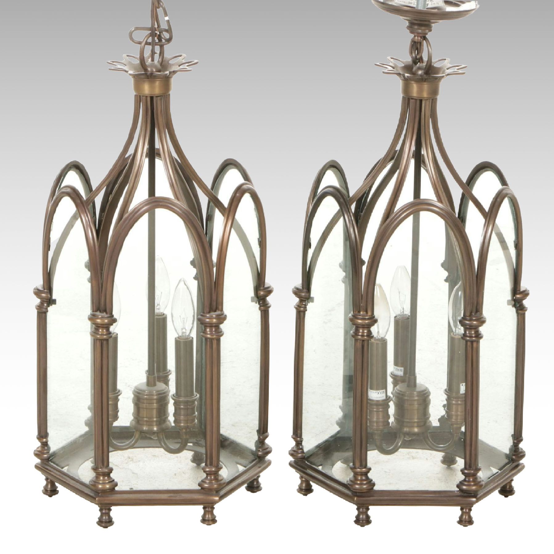 Pair of Arch Panel Three Light Pendant Lights