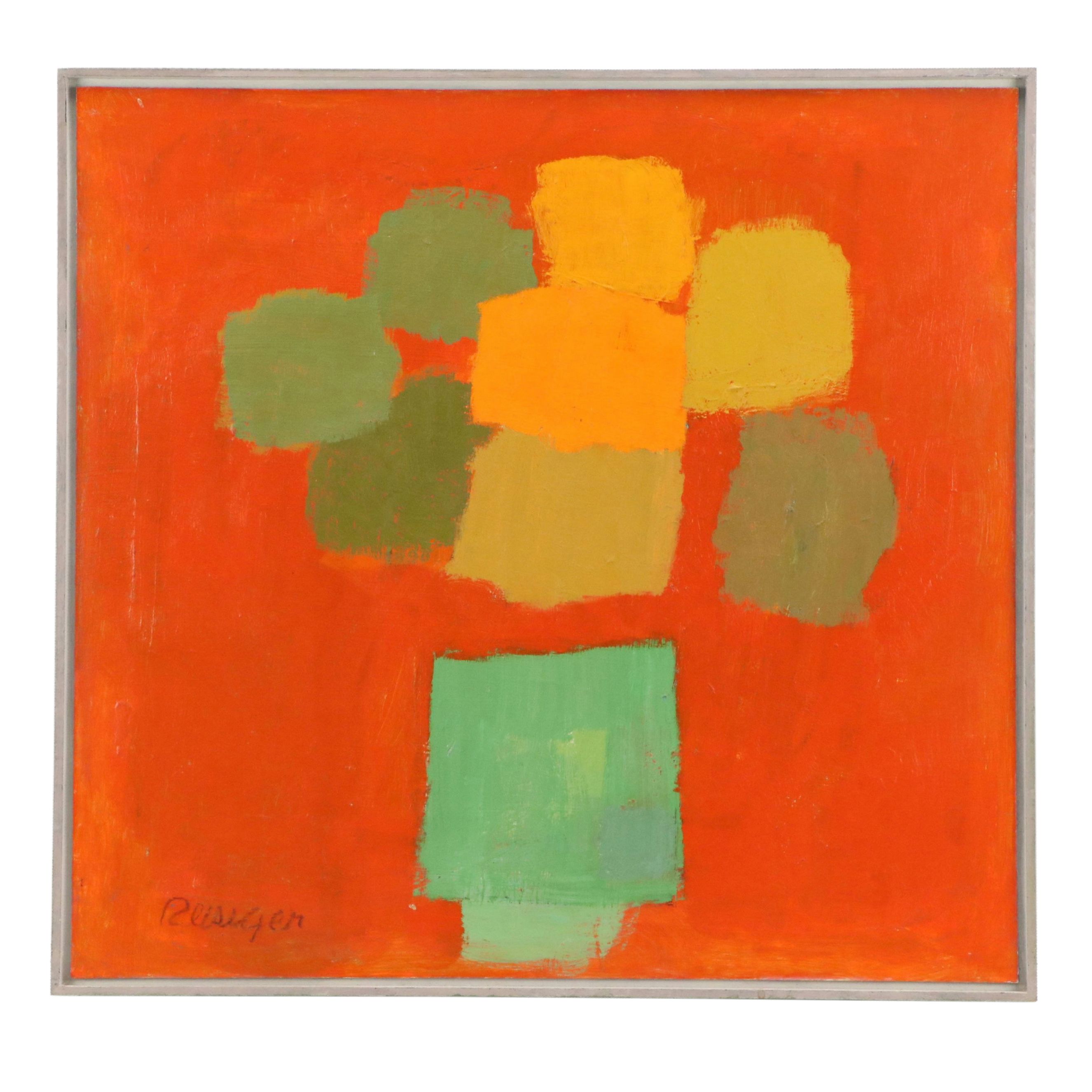 Harry Reisiger Modernist Oil Painting "Bouquet on Red Ground," Late 20th Century