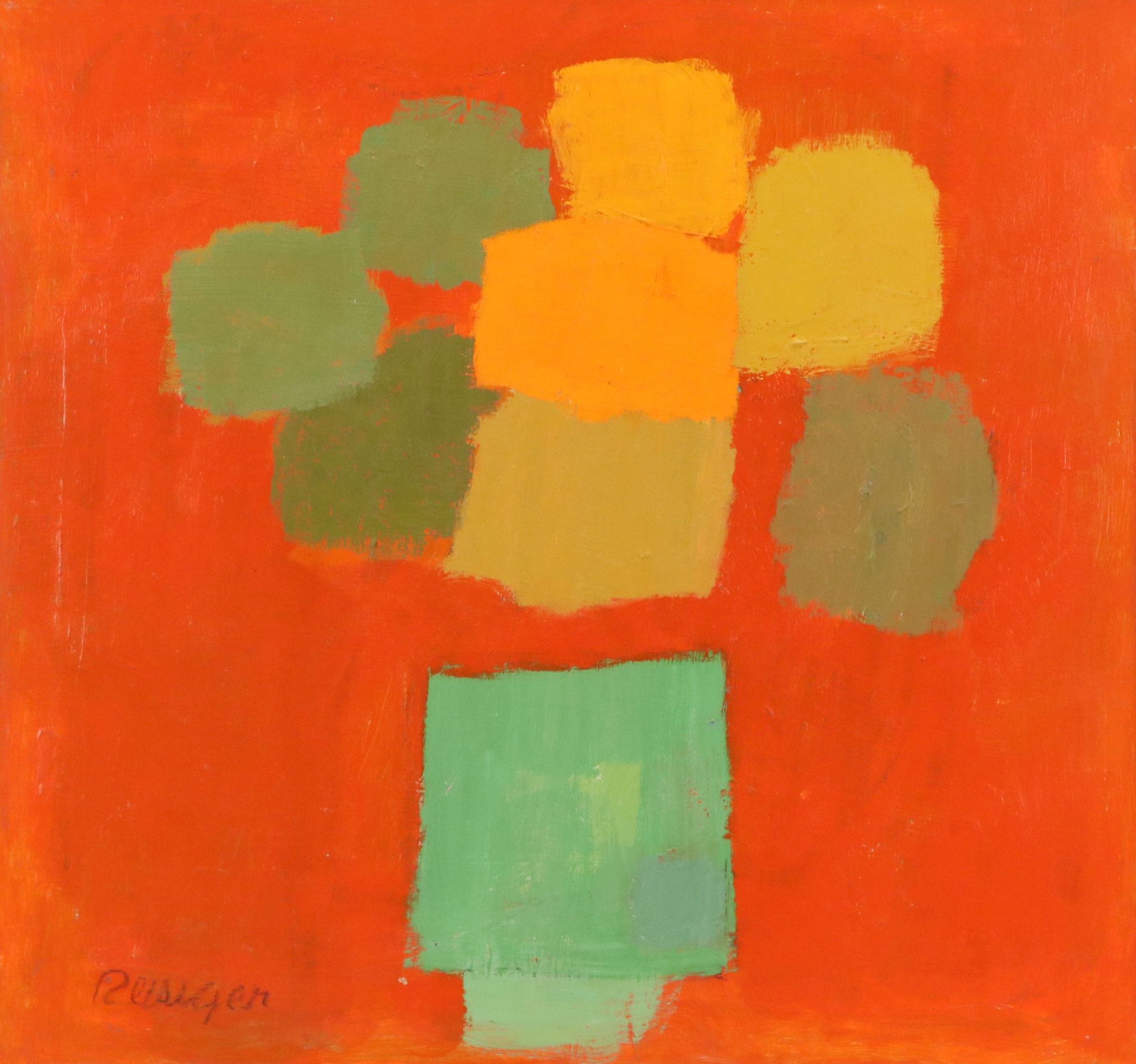 Harry Reisiger Modernist Oil Painting "Bouquet on Red Ground," Late 20th Century