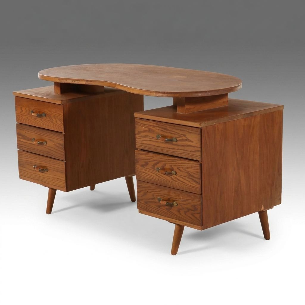 Mid Century Modern Walnut Veneer Desk with Raised Kidney-Shaped Top, 1960s
