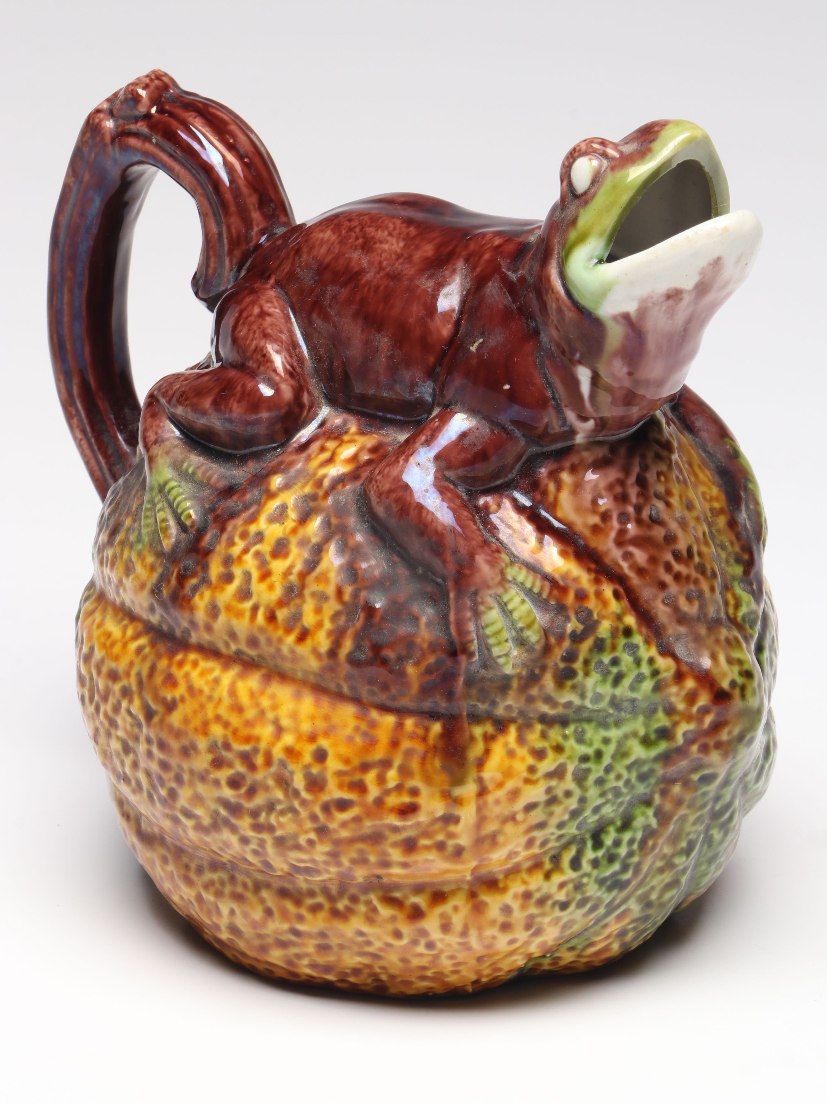 Majolica Frog on Melon Pitcher, Mid to Late 20th Century