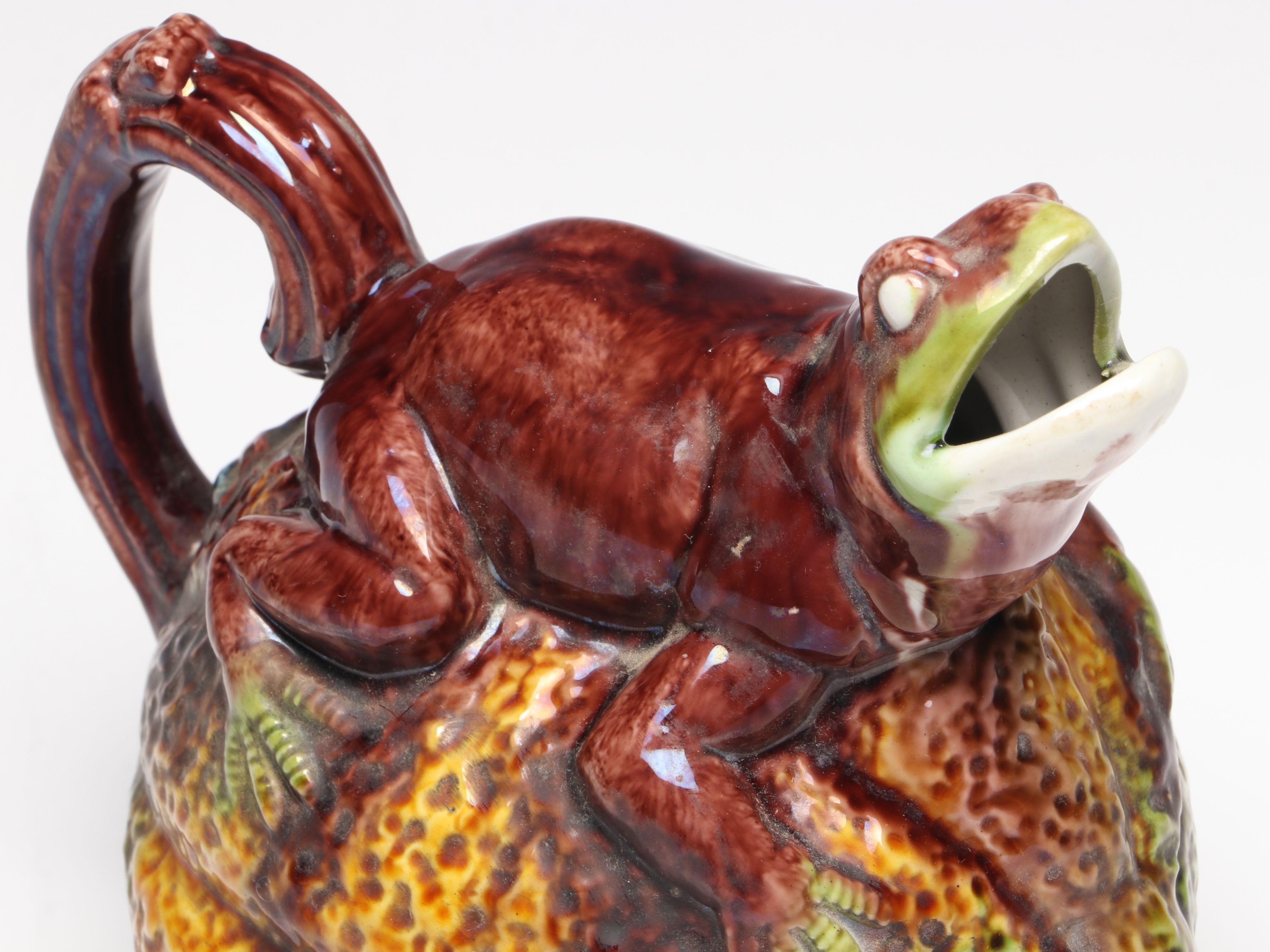 Majolica Frog on Melon Pitcher, Mid to Late 20th Century