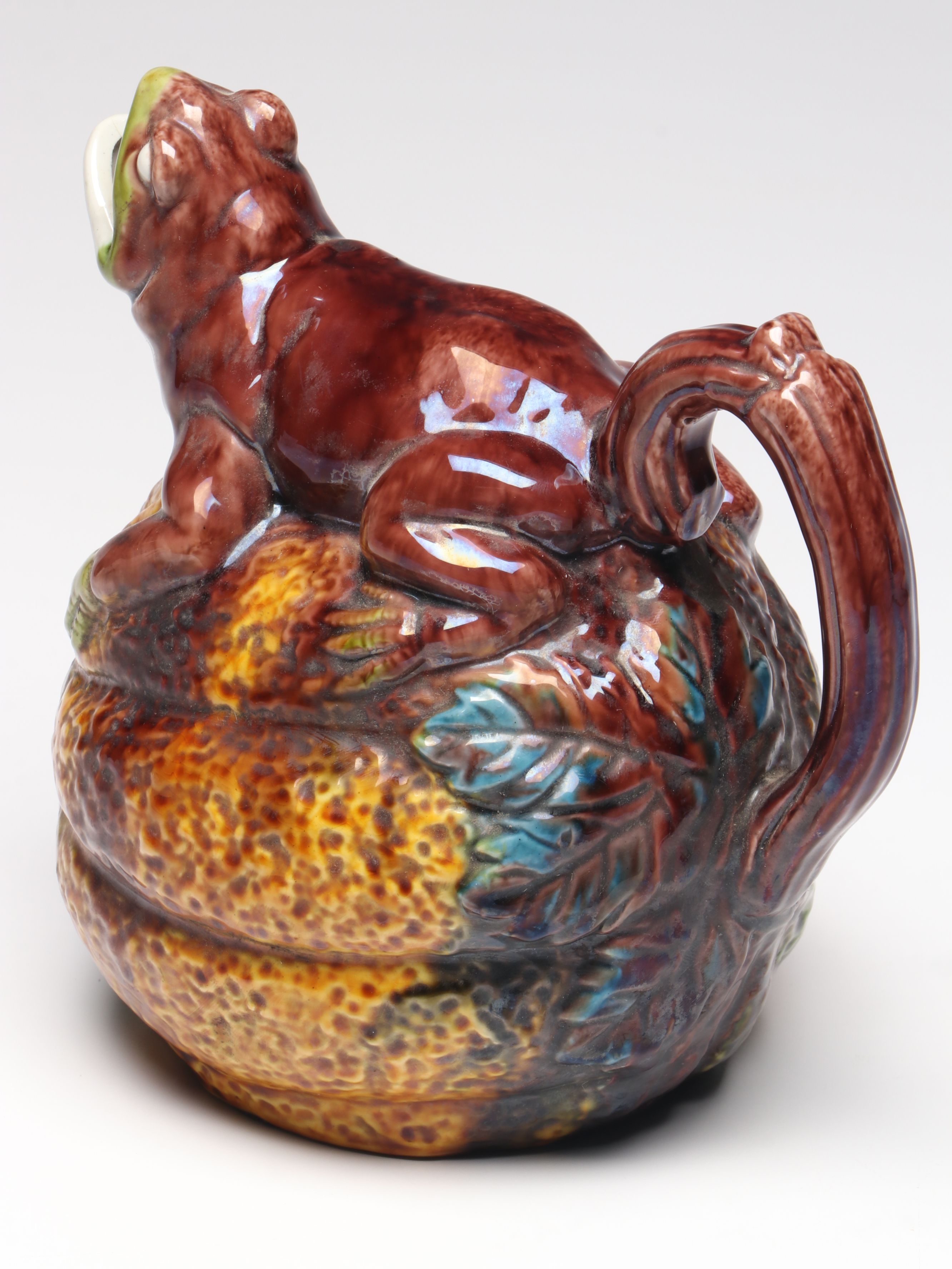 Majolica Frog on Melon Pitcher, Mid to Late 20th Century