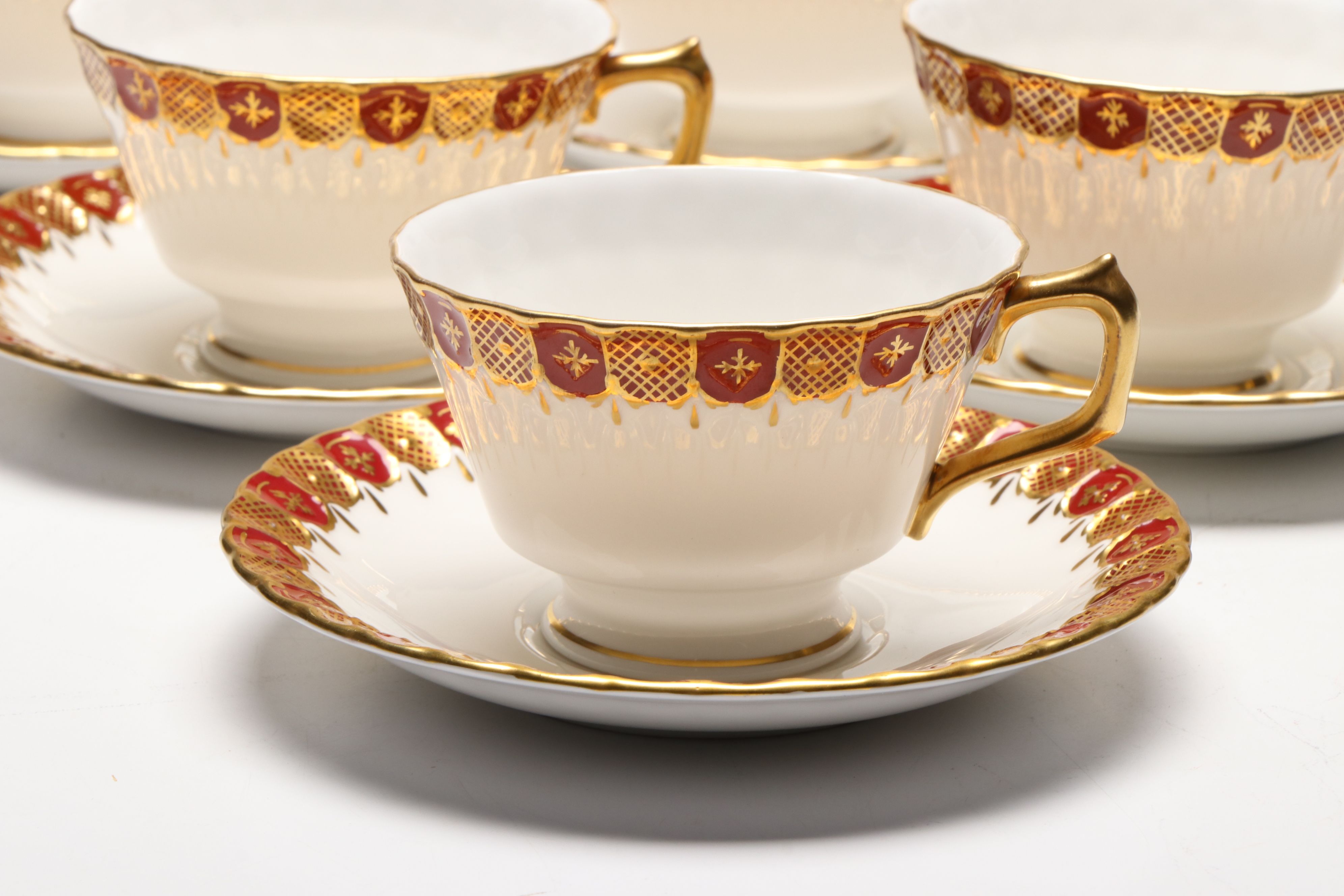 Royal Crown Derby "Heraldic Maroon" Bone China Salad Pates, Teacups and Saucers