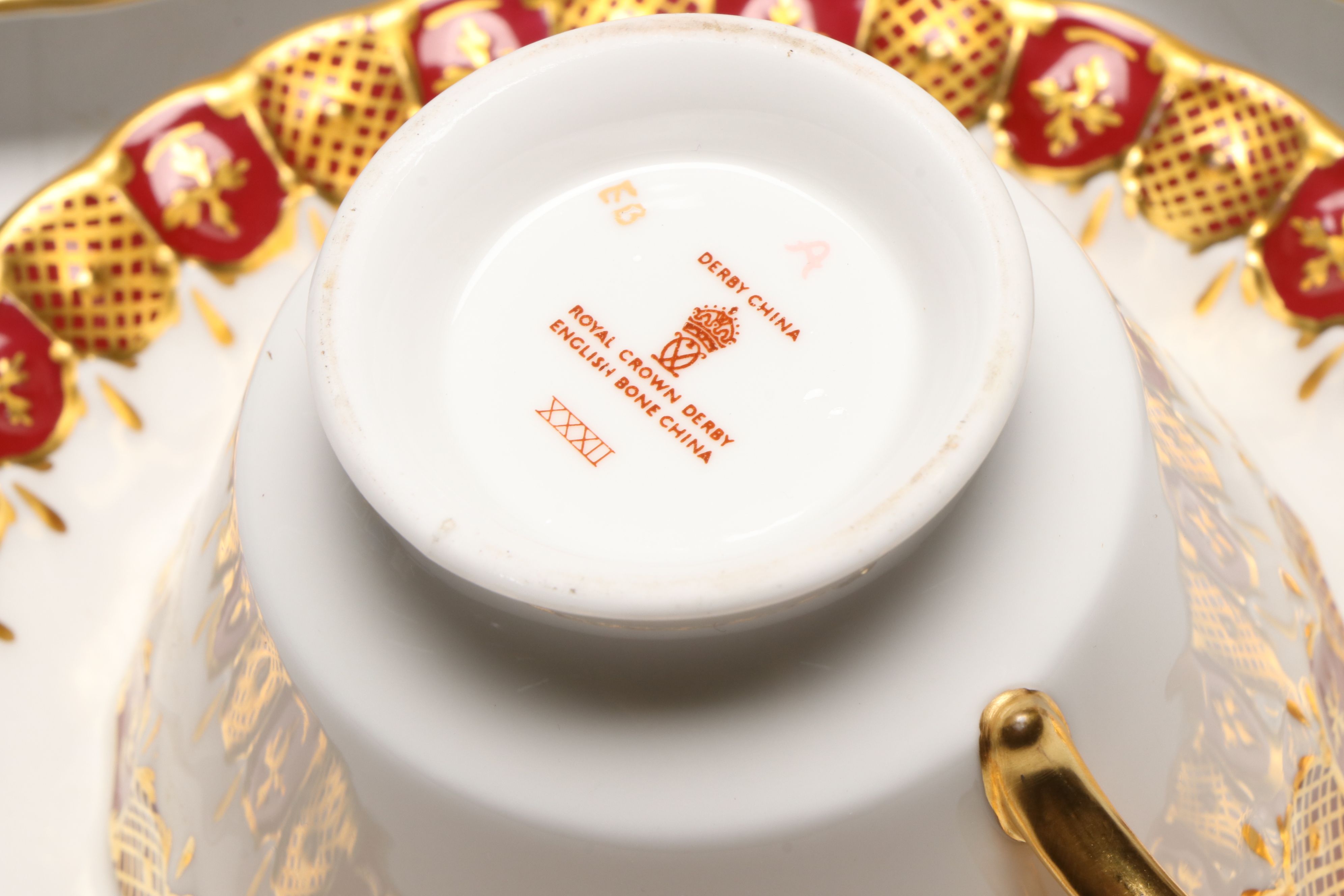 Royal Crown Derby "Heraldic Maroon" Bone China Salad Pates, Teacups and Saucers